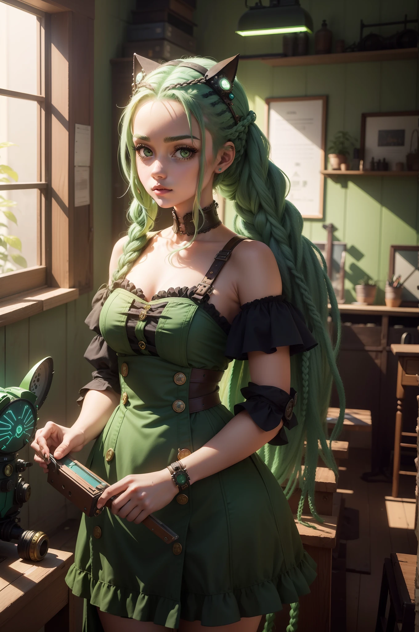 Garota de 14 ano, Girl with braided and green hair, cabelo verde, sala de engenharia estilo steampunk, Girl with braided green hair in a room full of tools, vestido de couro preto/azul, lugar escuro, neon light, Built a Robot Cat, garota de cabelo verde e com franja