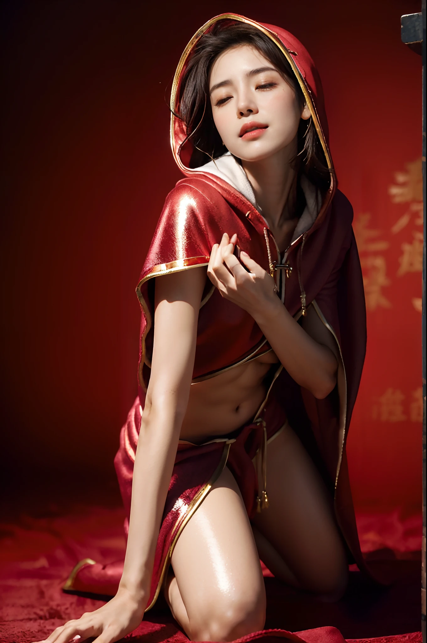 (Small underboob,Tomboyish,small heads)), (perfect bodies: 1.1), (shoulder length straight short black hair: 1.1),极其细致的CG 8k壁纸），（Extremely refined and beautiful），（masterpiece），（best qualtiy：1.0），（超高分辨率：1.0）,upper body，[A high resolution],a beautiful girl,cheerfulness，smile,(Smooth and flawless fair skin:1.5),(shiny skin:1.5),ultra - detailed ，Elongated legs,collar,Slim,thin,(Maxi red hooded cloak:1.5),(Temple Hall background:1.4),(Close shot:1.3),midday sunlight,(upright kneeling:1.5),(close eyes:1.3),(female orgasmic:1.3), (blush:1.3),(put palms together devoutly:1.3),meditating,from front,(cowboy shot:1.5),portrait