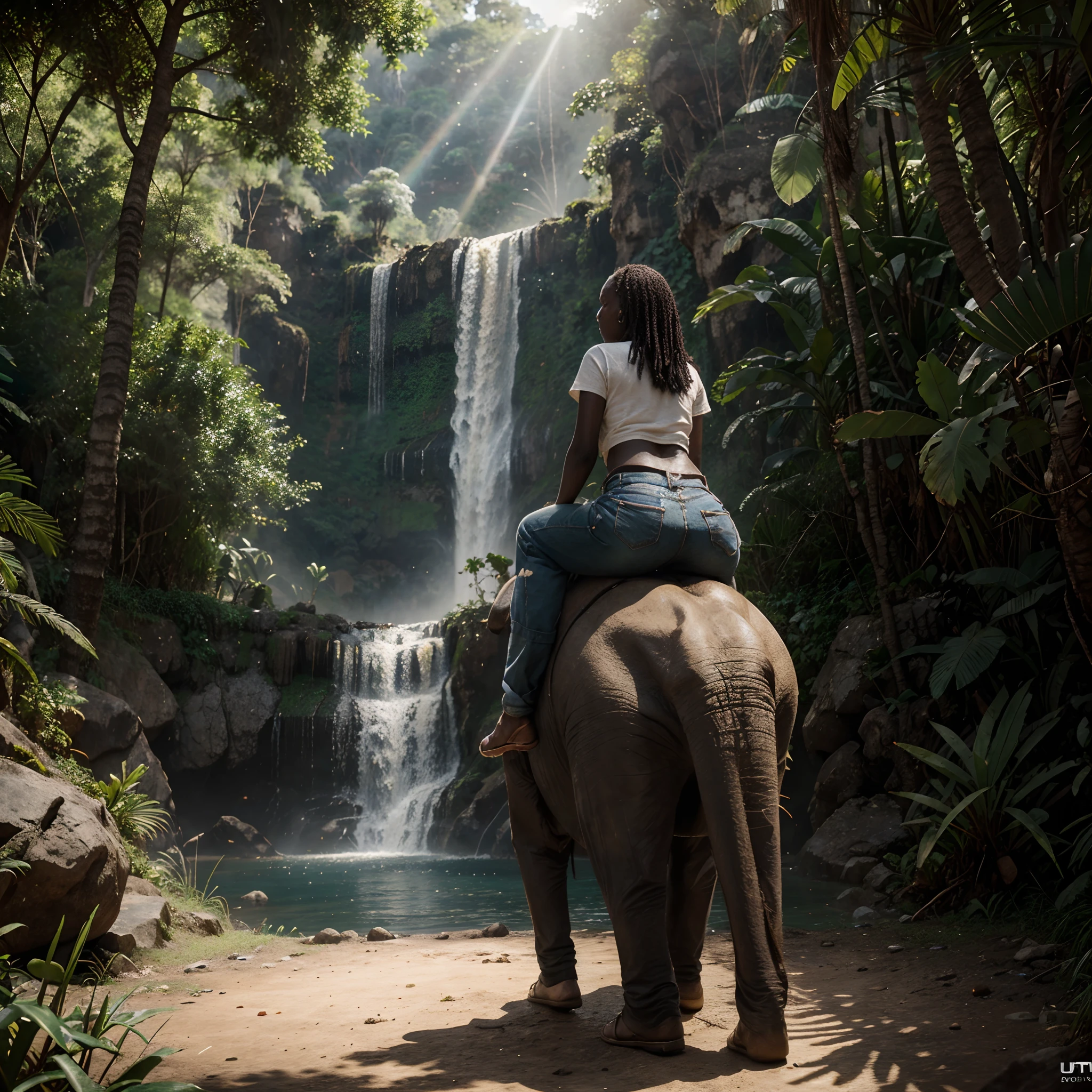 African children sitting on the back of a walking elephant, in an African area surrounded by vegetation and waterfalls, sunlight shining, with iridescent light, 32k, ultra HD, unreal engine rendered, cinematic lighting, artgerm style, photorealistic image,