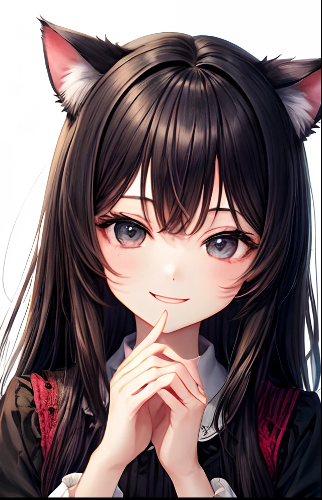 girl with、No background、without background、Background through、A dark-haired、The long-haired、Long、Black eyes、Black eye、Black dress、Cat's ears、Animal ears、A smile、kawaii、