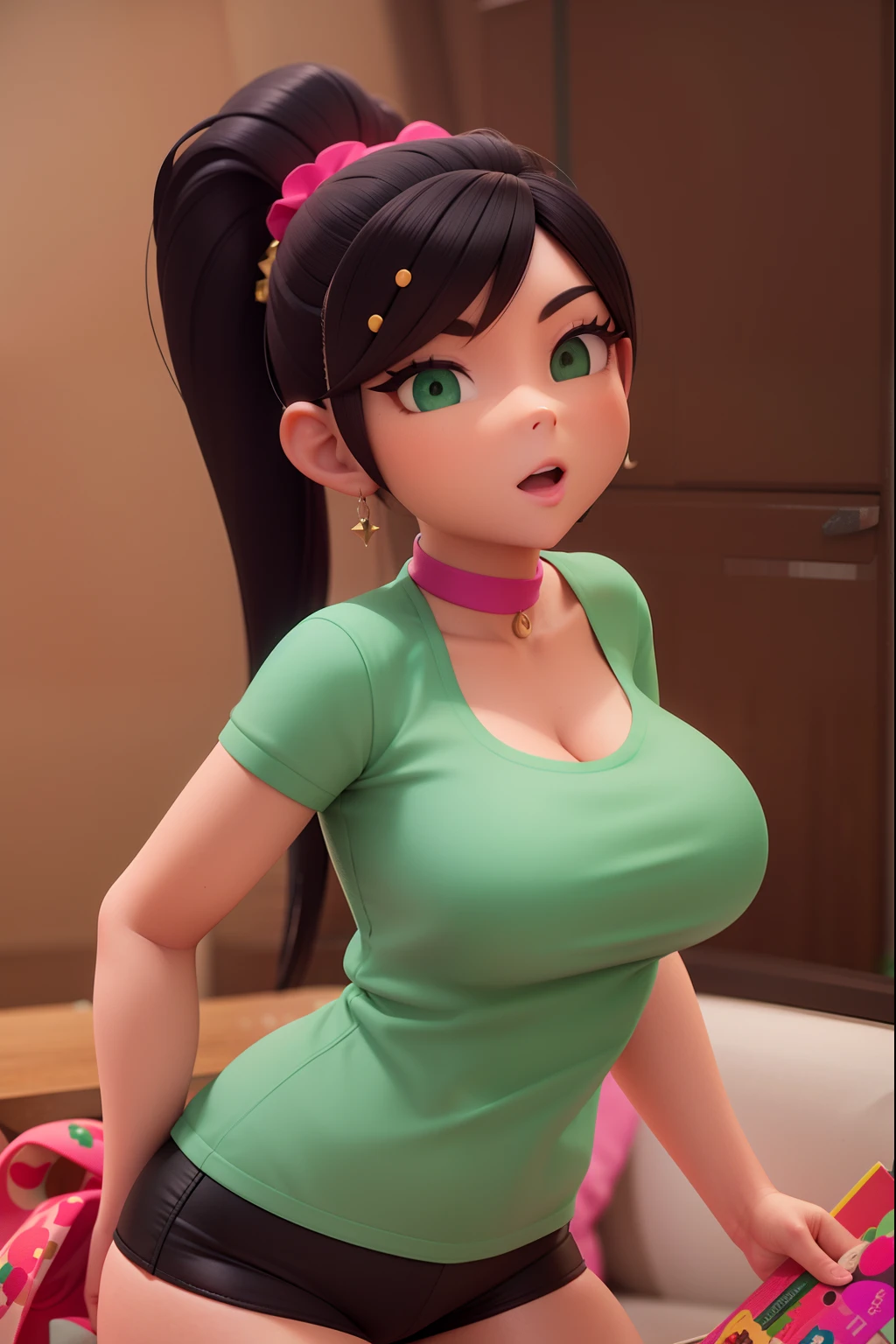 un primer plano de una chica de dibujos animados con una camisa verde y pantalones cortos negros, Anime estilo 3D, Renderizado en SFM, Estilo realista de anime 3D, Anime estilizado, Chica anime 3D, Render de una linda chica de anime 3D, Anime 3D realista, Foto de busto de primer plano, Pop Japonisme 3D Ultra Detallado, Anime muy detallado