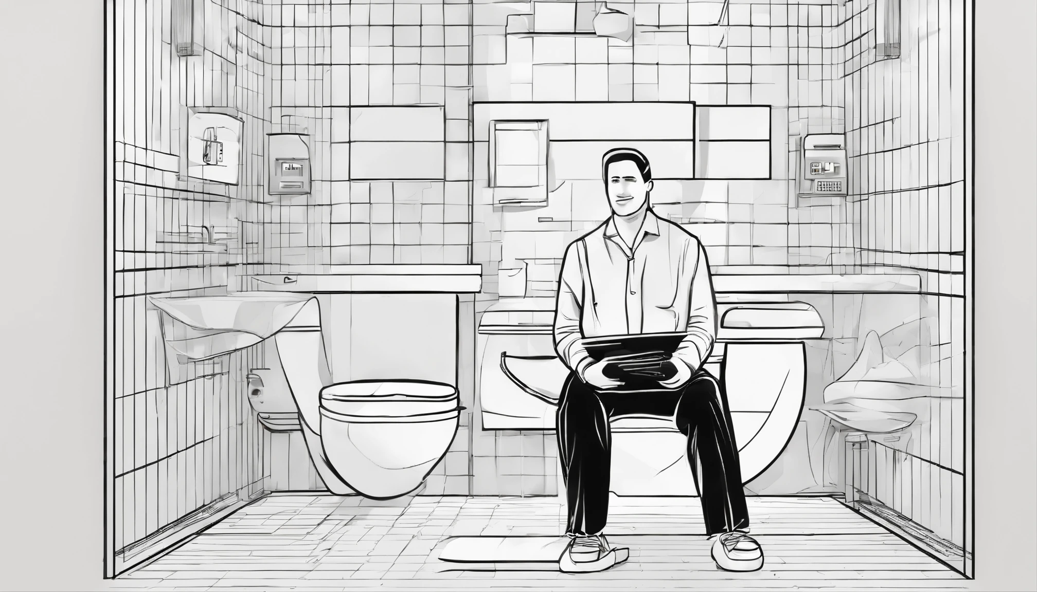 Public toilets are a bit dirty,mtu,Suits and shoes,Man sitting on bathroom floor,Holding a book in his hand,