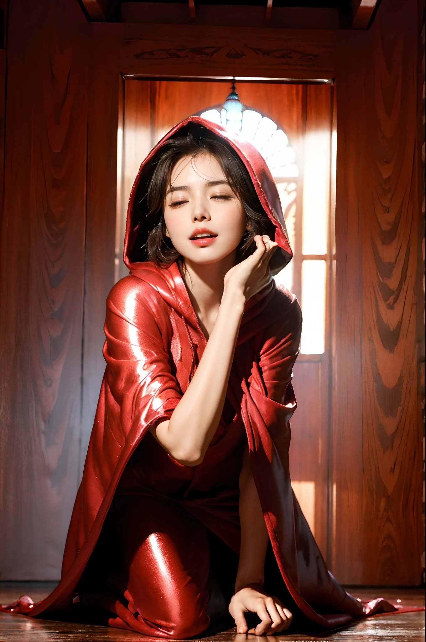 (Small underboob,Tomboyish,small heads)), (perfect bodies: 1.1), (shoulder length straight short black hair: 1.1),极其细致的CG 8k壁纸），（Extremely refined and beautiful），（masterpiece），（best qualtiy：1.0），（超高分辨率：1.0）,upper body，[A high resolution],a beautiful girl,cheerfulness，smile,(Smooth and flawless fair skin:1.5),(shiny skin:1.5),ultra - detailed ，Elongated legs,collar,Slim,thin,(Maxi red hooded cloak:1.5),(Temple Hall background:1.4),(Close shot:1.3),midday sunlight,(upright kneeling:1.5),(close eyes:1.3),(female orgasmic:1.3), (blush:1.3),(put palms together devoutly:1.3),meditating,from front,(cowboy shot:1.5),portrait