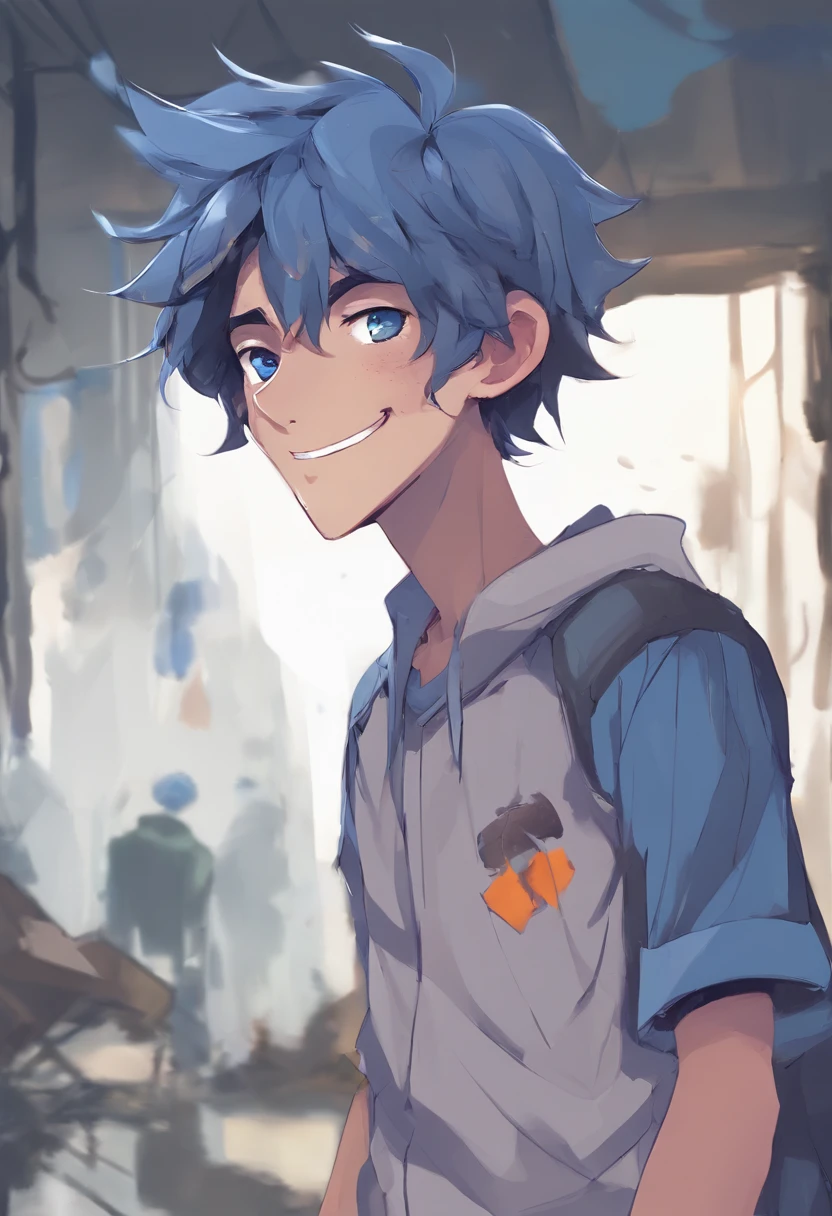 teenage boy, blue medium hair, smiling, handsome, blue eyes, messy hair, 2D, cartoon style