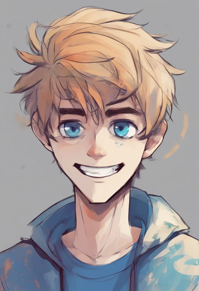 boy, blue medium hair, smiling, handsome, blue eyes, messy hair, 2D, cartoon style