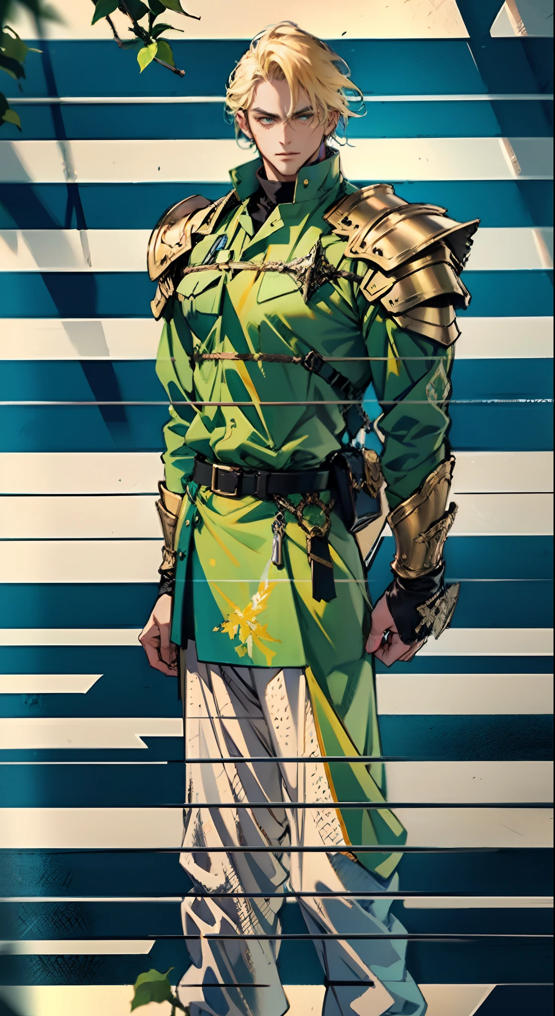 A middle-aged man with short golden hair, tousled hair, a large X-shaped scar on his face, has gentle eyes, a calm expression, a fantasy-style coat with leaf-shaped chest armor, the color scheme is mainly grass green, with earthy yellow as secondary colors, a belt around his waist, coarse cloth trousers, the background shows a medieval fantasy-style street with snowflakes falling, this character embodies a finely crafted fantasy-style soldier in anime style, characterized by an exquisite and mature manga illustration art style, high definition, best quality, highres, ultra-detailed, ultra-fine painting, extremely delicate, professional, anatomically correct, symmetrical face, extremely detailed eyes and face, high quality eyes, creativity, RAW photo, UHD, 8k, Natural light, cinematic lighting, masterpiece:1.5