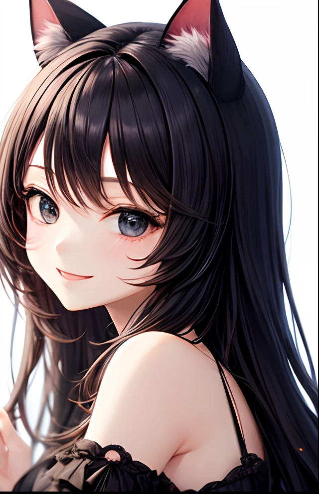 girl with、No background、without background、Background through、A dark-haired、The long-haired、Long、Black eyes、Black eye、Black dress、Cat's ears、Animal ears、A smile、kawaii、