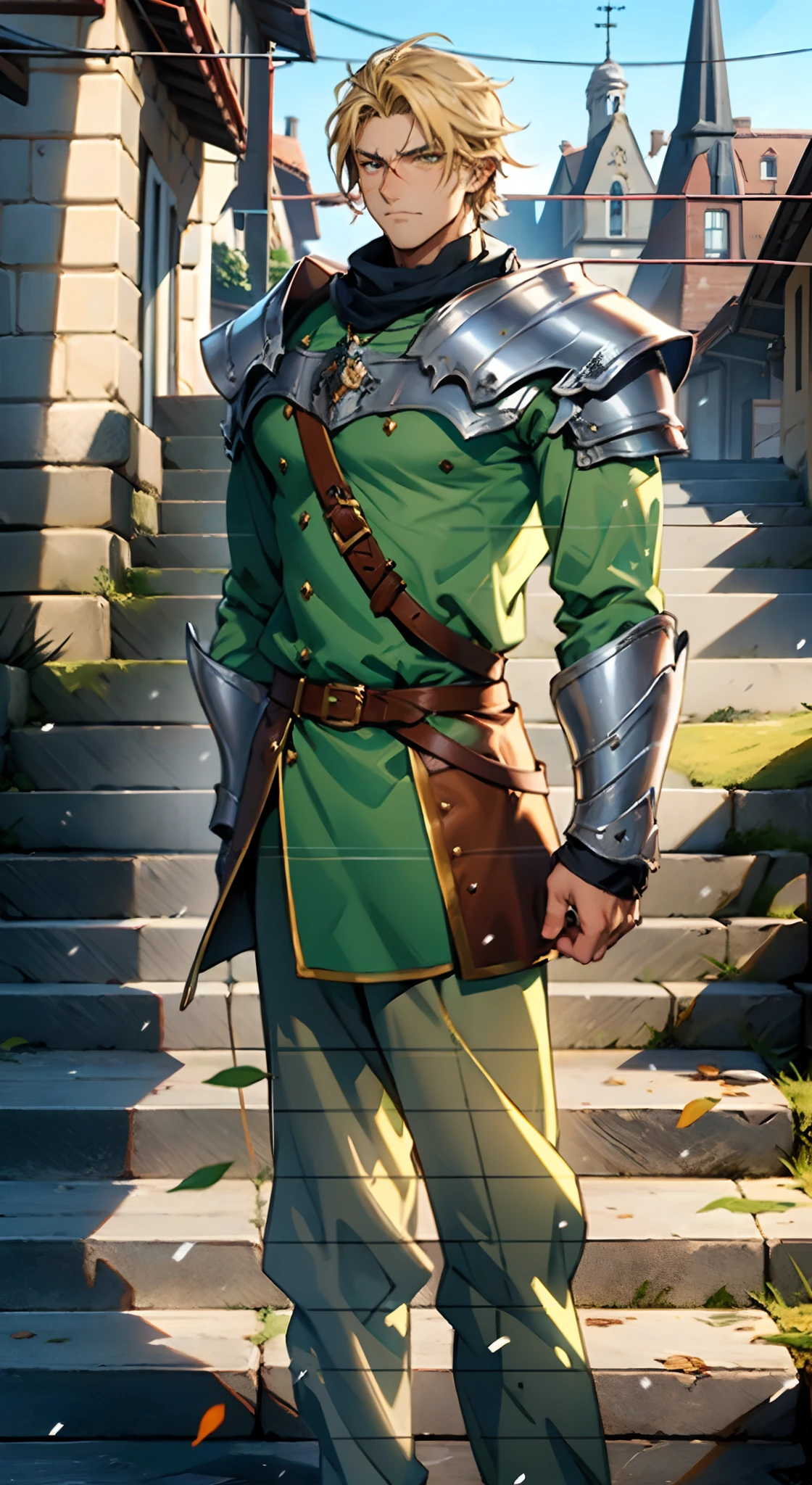 A middle-aged man with short golden hair, tousled hair, a large X-shaped scar on his face, has gentle eyes, a calm expression, a fantasy-style coat with leaf-shaped chest armor, the color scheme is mainly grass green, with earthy yellow as secondary colors, a belt around his waist, coarse cloth trousers, the background shows a medieval fantasy-style street with snowflakes falling, this character embodies a finely crafted fantasy-style soldier in anime style, characterized by an exquisite and mature manga illustration art style, high definition, best quality, highres, ultra-detailed, ultra-fine painting, extremely delicate, professional, anatomically correct, symmetrical face, extremely detailed eyes and face, high quality eyes, creativity, RAW photo, UHD, 8k, Natural light, cinematic lighting, masterpiece:1.5