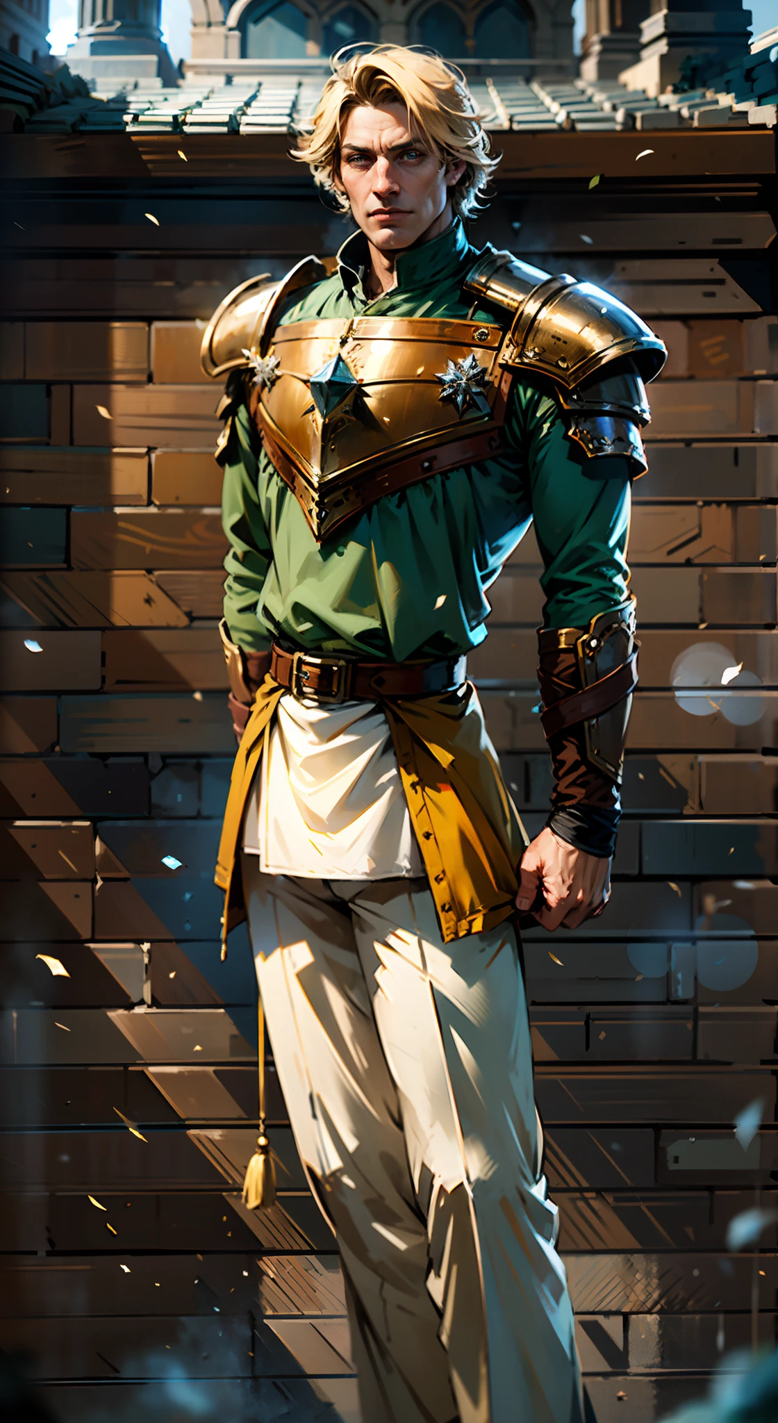 A middle-aged man with short golden hair, tousled hair, a large X-shaped scar on his face, has gentle eyes, a calm expression, a fantasy-style coat with leaf-shaped chest armor, the color scheme is mainly grass green, with earthy yellow as secondary colors, a belt around his waist, coarse cloth trousers, the background shows a medieval fantasy-style street with snowflakes falling, this character embodies a finely crafted fantasy-style soldier in anime style, characterized by an exquisite and mature manga illustration art style, high definition, best quality, highres, ultra-detailed, ultra-fine painting, extremely delicate, professional, anatomically correct, symmetrical face, extremely detailed eyes and face, high quality eyes, creativity, RAW photo, UHD, 8k, Natural light, cinematic lighting, masterpiece:1.5