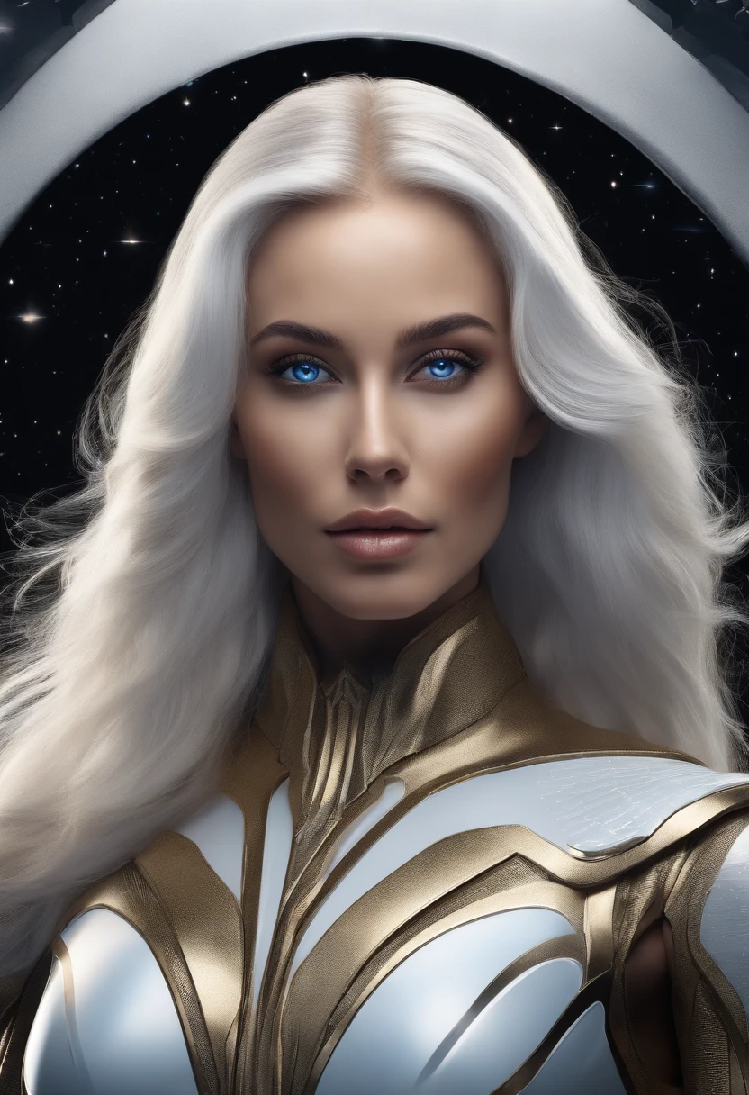 gold-and-white-haired woman, mesmerizing blue eyes, futuristic black spacesuit, shining stars backdrop, celestial beauty, ethereal aura, cosmic explorer, graceful stance, radiant smile, intergalactic traveler, otherworldly elegance, nebulas and galaxies, awe-inspiring presence, interstellar adventure, surreal atmosphere, stellar fashion, galactic goddess. (best quality, HDR, ultra-detailed), (portrait, sci-fi, concept artists), vibrant color palette, dramatic lighting.