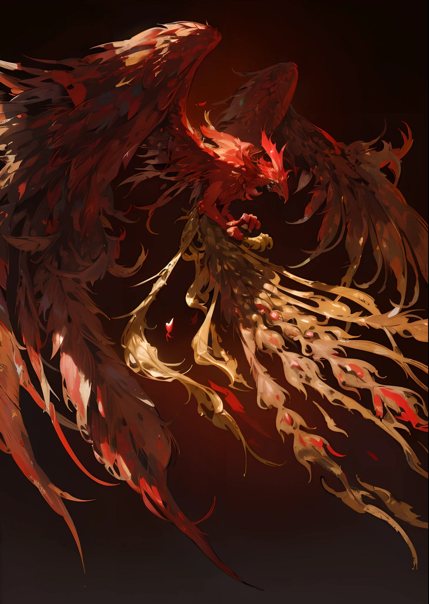 fantastical creature,Red Phoenix,Red feather bird wallpaper,Female phoenix,(//The main color of this character is red:1.4//),hyper HD, retinas, Anatomically correct, Textured skin, Super detail, Best quality, A high resolution,Beautiful immortal bird,(Golden ratio:1.2),​master piece,[(Black background:1.4)::10],high render,Scarlet feathers
