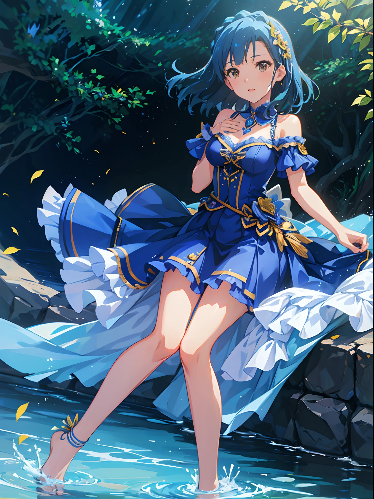 yuriko nanao (million live), 1 girl, Solo, masutepiece, Best Quality, 8K, High resolution, floating on the water, blue Dress, In the forest,