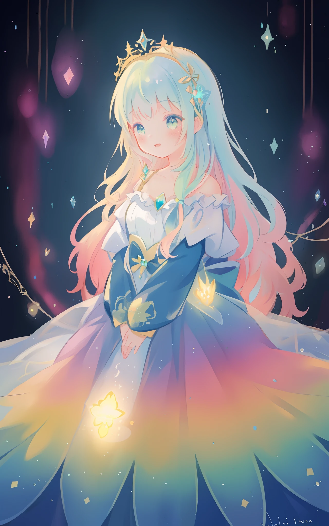 beautiful girl in an intricately designed layered rainbow ballgown, ((colorful)), flowing puffy long sleeves, young beautiful girl, flowing gown, inspired by Glen Keane, inspired by Lois van Baarle, disney art style, by Lois van Baarle, glowing aura around her, by Glen Keane, jen bartel, glowing lights! digital painting, flowing glowing hair, glowing flowing hair, beautiful digital illustration, fantasia background, whimsical, magical, fantasy, beautiful face, ((masterpiece, best quality)), intricate details, highly detailed, sharp focus, 8k resolution, sparkling detailed eyes, liquid watercolor