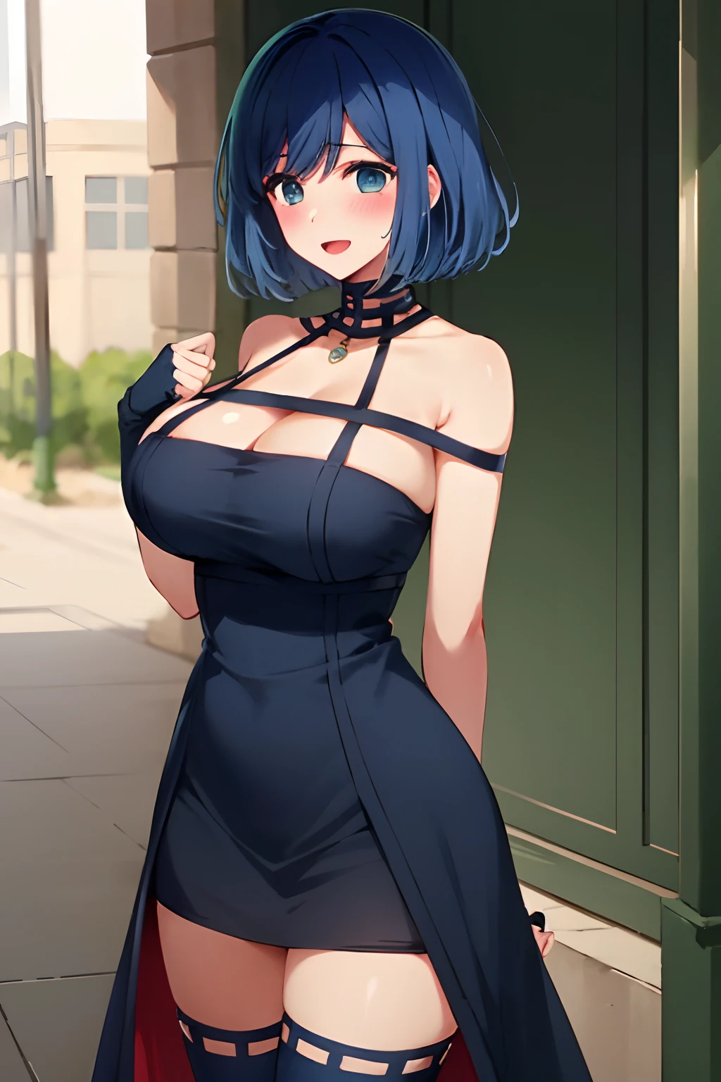 masterpiece, hightquality, 8K, beautiful lighting, 1girl in, 独奏, Akane, (one length bob:1.3),(darkblue hair:1.3), Smile with open mouth,、blackdress、black thighhighs、Fingerless gloves、cleavage of the breast、plein air,cowboy shot, looking at the viewers, ,Big breasts emphasis、shiny oily skin with high contrast,Too large breasts, huge long breasts, Naughty big,爆乳、Bursting chest、huge-breasted、pointed breast、red blush、