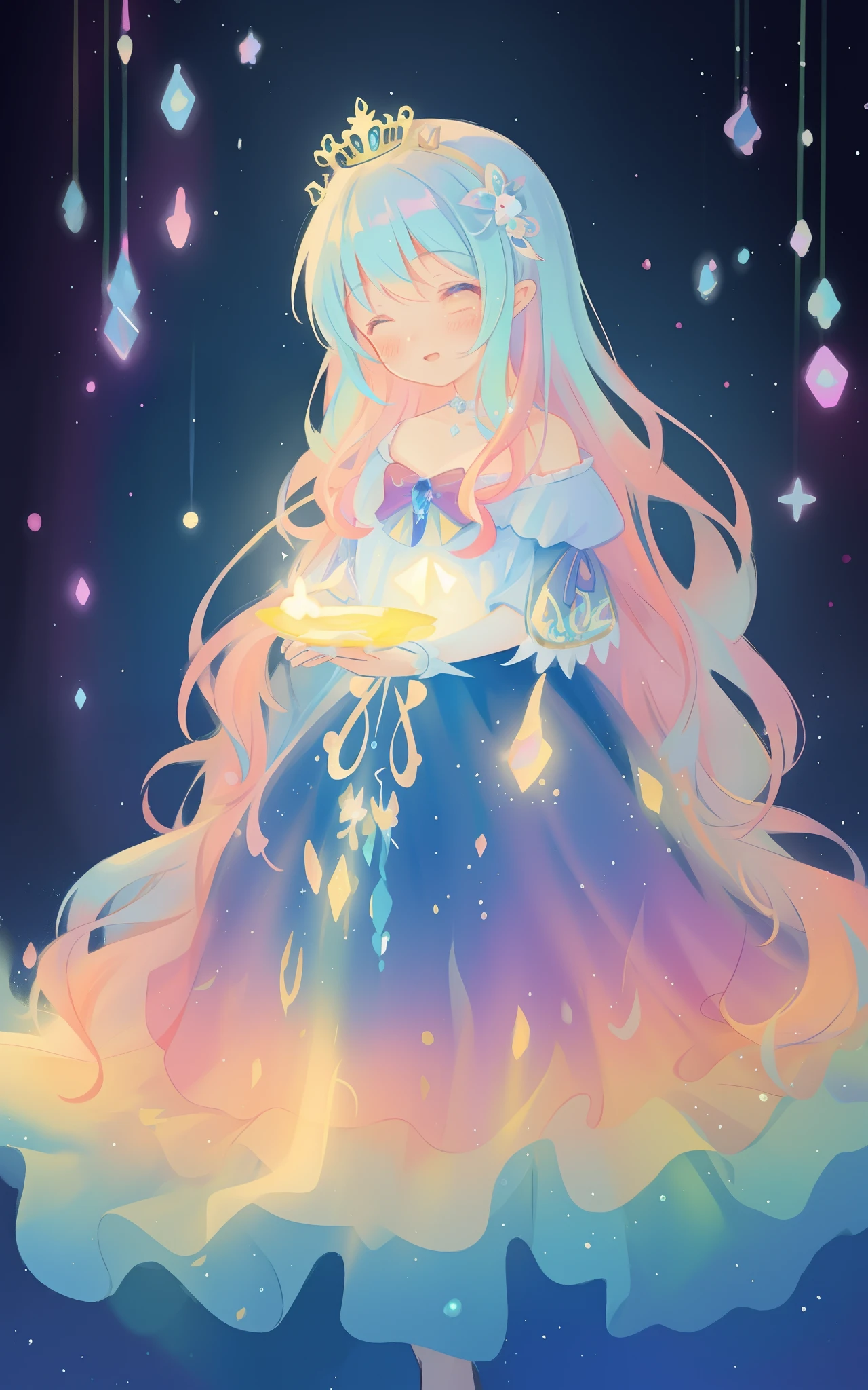 beautiful girl, puffy tiered rainbow ballgown, princess, intricate dress design, vibrant pastel colors, (colorful), long wavy hair, magical lights, sparkling magical liquid, inspired by Glen Keane, inspired by Lois van Baarle, disney art style, by Lois van Baarle, glowing aura around her, by Glen Keane, jen bartel, glowing lights! digital painting, flowing glowing hair, glowing flowing hair, beautiful digital illustration, fantasia background, whimsical, magical, fantasy, ((masterpiece, best quality)), intricate details, highly detailed, sharp focus, 8k resolution, sparkling detailed eyes, liquid watercolor