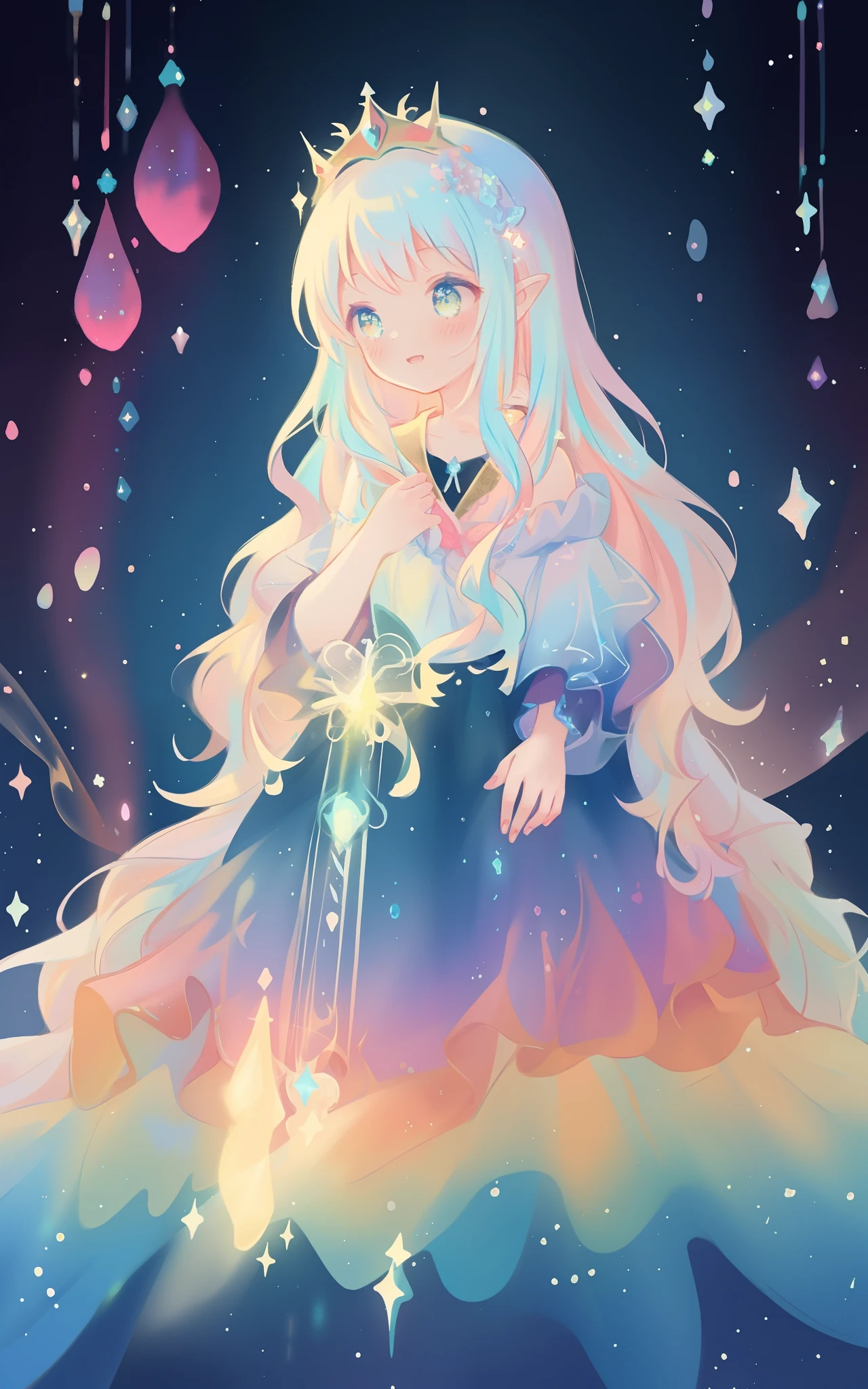 beautiful girl, puffy tiered rainbow ballgown, princess, intricate dress design, vibrant pastel colors, (colorful), long wavy hair, magical lights, sparkling magical liquid, inspired by Glen Keane, inspired by Lois van Baarle, disney art style, by Lois van Baarle, glowing aura around her, by Glen Keane, jen bartel, glowing lights! digital painting, flowing glowing hair, glowing flowing hair, beautiful digital illustration, fantasia background, whimsical, magical, fantasy, ((masterpiece, best quality)), intricate details, highly detailed, sharp focus, 8k resolution, sparkling detailed eyes, liquid watercolor