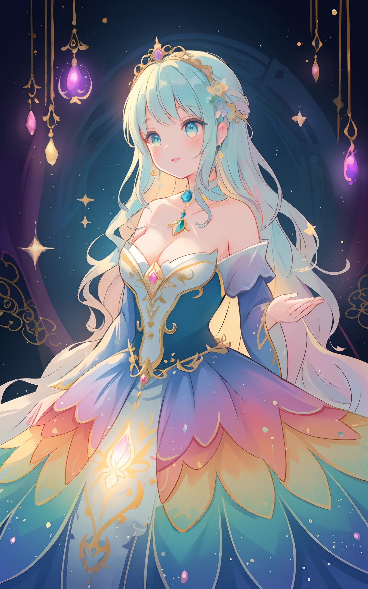beautiful girl in an intricately designed layered rainbow ballgown, ((colorful)), flowing puffy long sleeves, young beautiful girl, flowing gown, inspired by Glen Keane, inspired by Lois van Baarle, disney art style, by Lois van Baarle, glowing aura around her, by Glen Keane, jen bartel, glowing lights! digital painting, flowing glowing hair, glowing flowing hair, beautiful digital illustration, fantasia background, whimsical, magical, fantasy, beautiful face, ((masterpiece, best quality)), intricate details, highly detailed, sharp focus, 8k resolution, sparkling detailed eyes, liquid watercolor