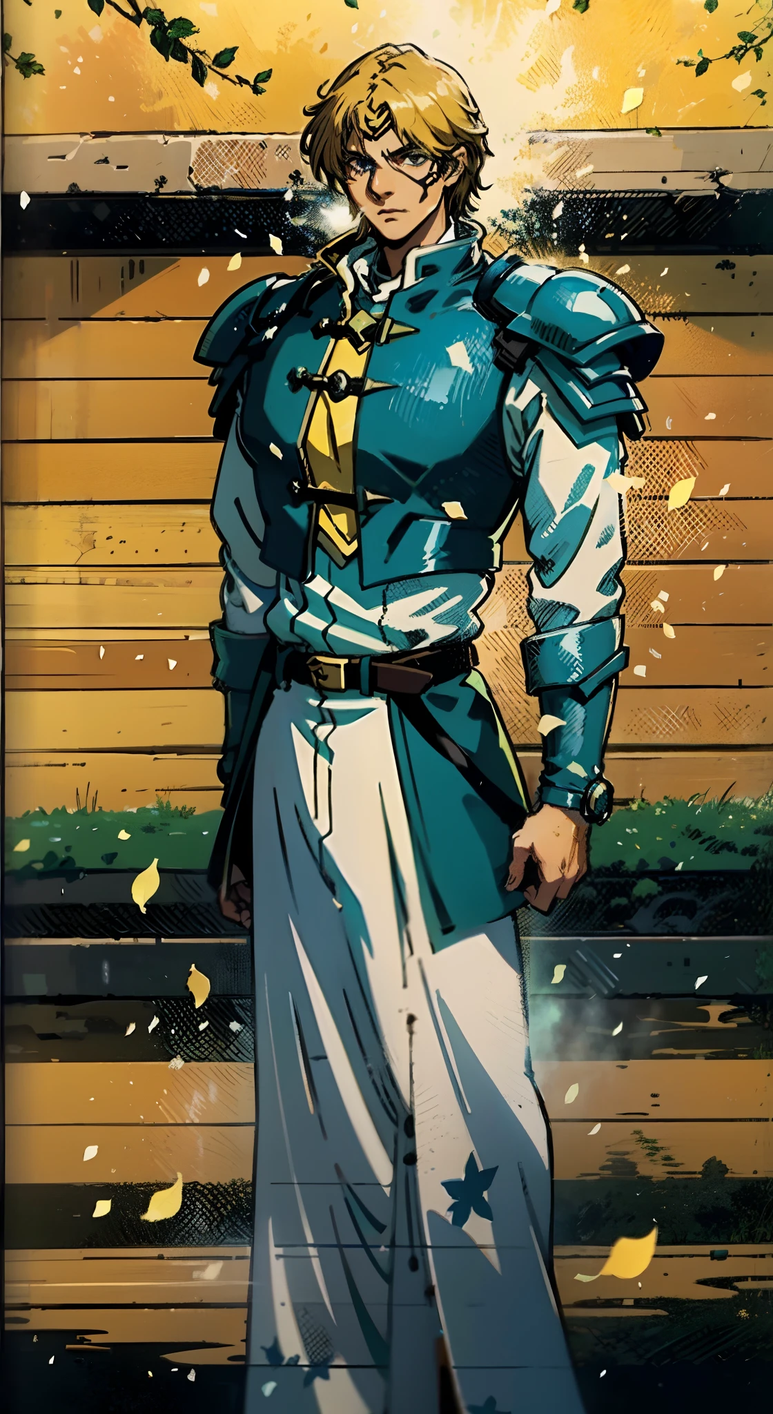 A middle-aged man with short golden hair, thick hair, a large X-shaped scar on his face, has gentle eyes, a calm expression, a fantasy-style coat with leaf-shaped chest armor, the color scheme is mainly grass green, with earthy yellow as secondary colors, a belt around his waist, coarse cloth trousers, the background shows a medieval fantasy-style street with snowflakes falling, this character embodies a finely crafted fantasy-style soldier in anime style, characterized by an exquisite and mature manga illustration art style, high definition, best quality, highres, ultra-detailed, ultra-fine painting, extremely delicate, professional, anatomically correct, symmetrical face, extremely detailed eyes and face, high quality eyes, creativity, RAW photo, UHD, 8k, Natural light, cinematic lighting, masterpiece:1.5
