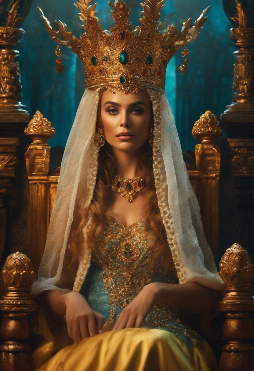 A rainha do inferno, sentada em seu trono, segurando um tridente em chamas