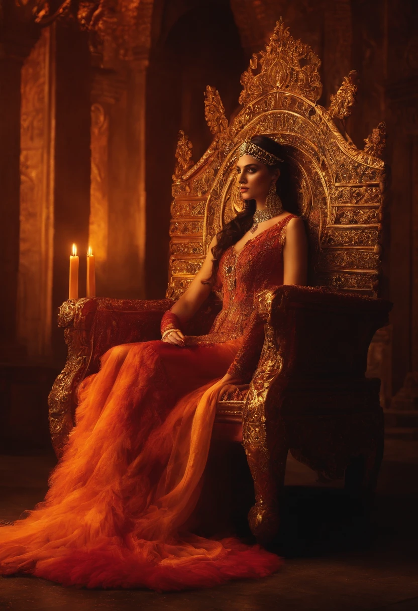 A rainha do inferno, sentada em seu trono, segurando um tridente em chamas