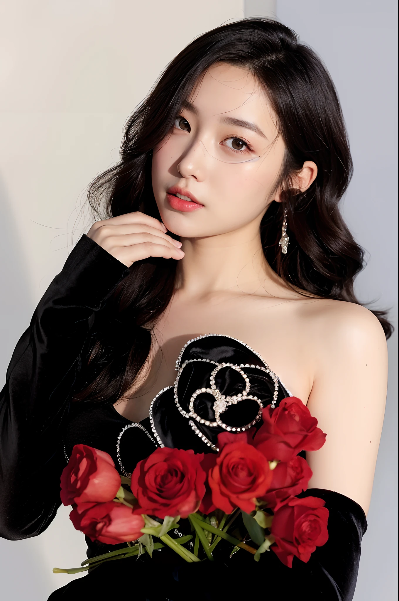 (highest quality, masterpiece), (1 girl, alone, black dress, Are standing , looking at the viewer, gray hair, red eyes, holding a rose, closed mouth, Upper body), (red dream catcher in the back, Red flower, )