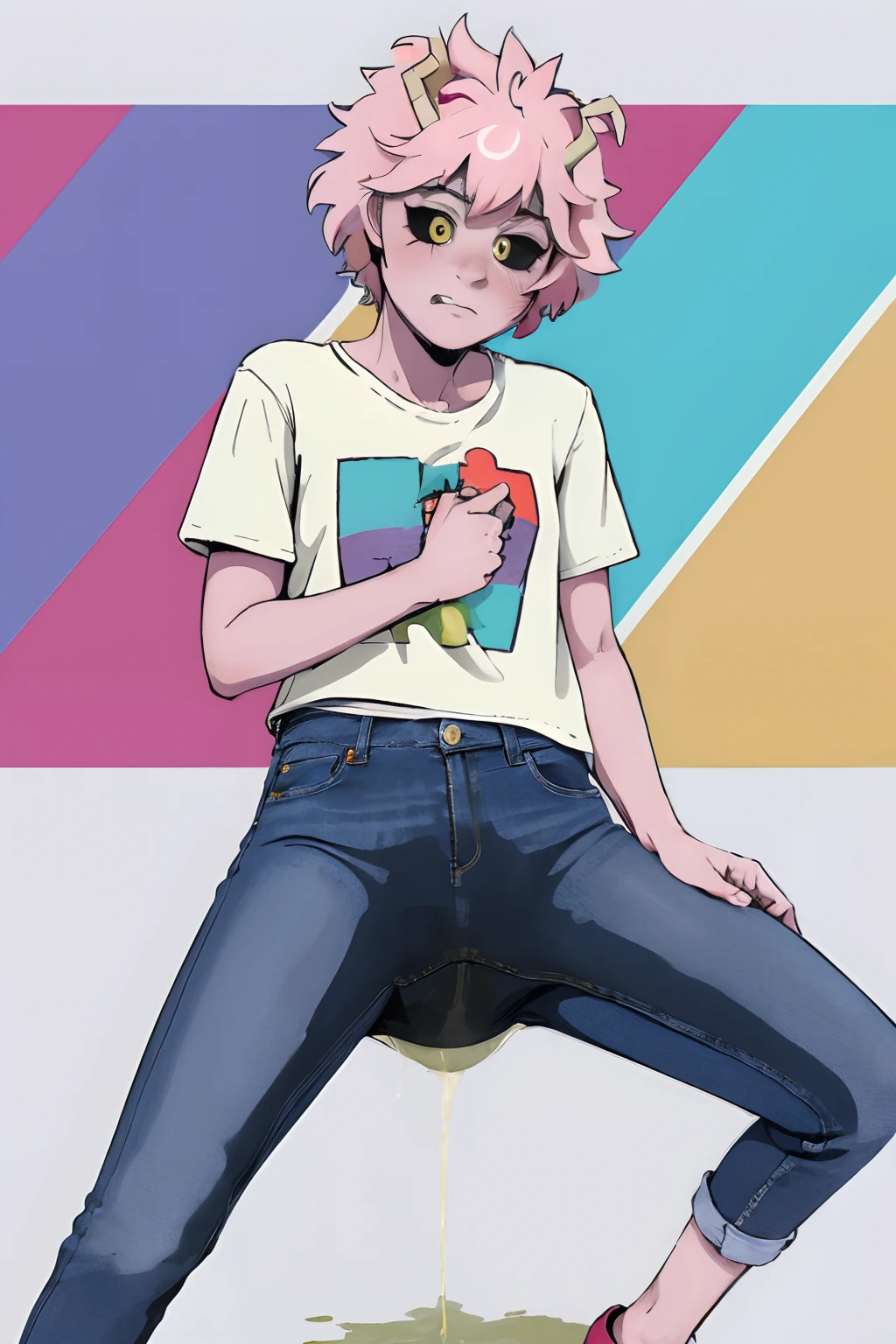 (masterpiece, top quality, best quality, highly detailed:1.2), colorful, 1girl, mina ashido, solo, peeing self, pee stain, pee stream, having an accident, have to pee, peeing, jeans, poop stain, poop in pants, humiliated