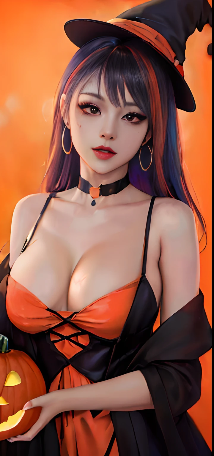 arafed woman in a witch costume holding a pumpkin, trending on cgstation, [ 4 k digital art ]!!, orange and black, seductive anime girl, ig model | artgerm, black and orange, 8k high quality detailed art, anime styled 3d, deviantart artstation cgscosiety, anime style. 8k, digital art. artstation