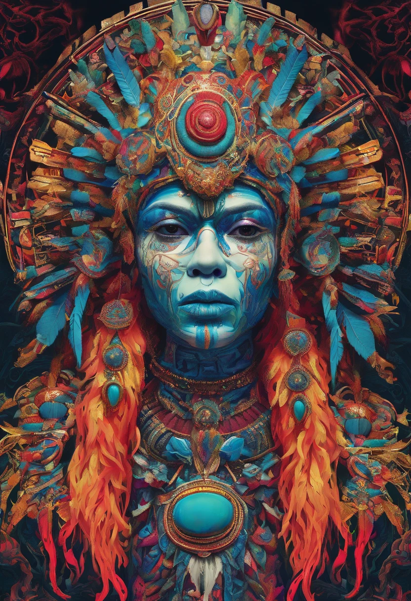 roduce a visually captivating portrait image in a square format. The subject is an enigmatic figure situated amidst a hauntingly atmospheric forest setting during the twilight hours. Foreground: - A tribal chieftain adorned with an intricate ceremonial headdress that encompasses the majority of their head. The headdress is primarily metallic in nature, characterized by swirling, almost labyrinthine patterns and adorned with several symmetrically arranged, protruding bone-like spikes. It also features red gem-like orbs and a centralized, ornate, circular emblem, possibly a tribal insignia or amulet. - The chieftain's face is painted with tribal markings in white, emphasizing the eye sockets and cheekbones, lending a skeletal appearance. Additionally, white bead-like embellishments are draped over the eyes, forming an ethereal veil. - Around the neck are layered metallic adornments and pendants, some with circular motifs and bearing a weathered, antique appearance. - The chieftain holds a lit flame in their right hand, illuminating their visage and casting a gentle amber glow. The flame flickers subtly, revealing minute details of the hands which are marked by age, scars, and experience. Background: - A dim, otherworldly forest shrouded in a mysterious haze. Patches of fog, blue-toned and ethereal, meander around the trees, creating pockets of obscurity and intrigue. - The vertical lines of slender bamboo-like trees stand tall and create a stark contrast against the pervasive murkiness. Lighting: - A subtle, natural backlight filters through the canopy, producing a soft blue ambiance. This contrasts sharply with the warm, fiery luminescence emanating from the flame held by the chieftain. - The juxtaposition of warm and cool light accentuates the texture and depth of every element, particularly highlighting the metallic intricacies of the headdress and the tactile quality of the paint on the chieftain's face. Photography Specifications: - Camera: A high-end DSLR