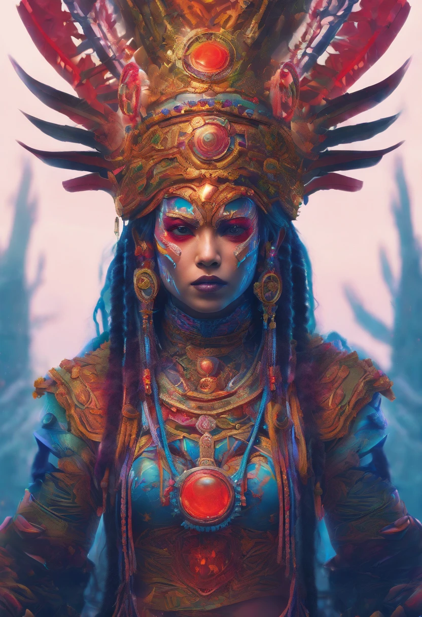roduce a visually captivating portrait image in a square format. The subject is an enigmatic figure situated amidst a hauntingly atmospheric forest setting during the twilight hours. Foreground: - A tribal chieftain adorned with an intricate ceremonial headdress that encompasses the majority of their head. The headdress is primarily metallic in nature, characterized by swirling, almost labyrinthine patterns and adorned with several symmetrically arranged, protruding bone-like spikes. It also features red gem-like orbs and a centralized, ornate, circular emblem, possibly a tribal insignia or amulet. - The chieftain's face is painted with tribal markings in white, emphasizing the eye sockets and cheekbones, lending a skeletal appearance. Additionally, white bead-like embellishments are draped over the eyes, forming an ethereal veil. - Around the neck are layered metallic adornments and pendants, some with circular motifs and bearing a weathered, antique appearance. - The chieftain holds a lit flame in their right hand, illuminating their visage and casting a gentle amber glow. The flame flickers subtly, revealing minute details of the hands which are marked by age, scars, and experience. Background: - A dim, otherworldly forest shrouded in a mysterious haze. Patches of fog, blue-toned and ethereal, meander around the trees, creating pockets of obscurity and intrigue. - The vertical lines of slender bamboo-like trees stand tall and create a stark contrast against the pervasive murkiness. Lighting: - A subtle, natural backlight filters through the canopy, producing a soft blue ambiance. This contrasts sharply with the warm, fiery luminescence emanating from the flame held by the chieftain. - The juxtaposition of warm and cool light accentuates the texture and depth of every element, particularly highlighting the metallic intricacies of the headdress and the tactile quality of the paint on the chieftain's face. Photography Specifications: - Camera: A high-end DSLR