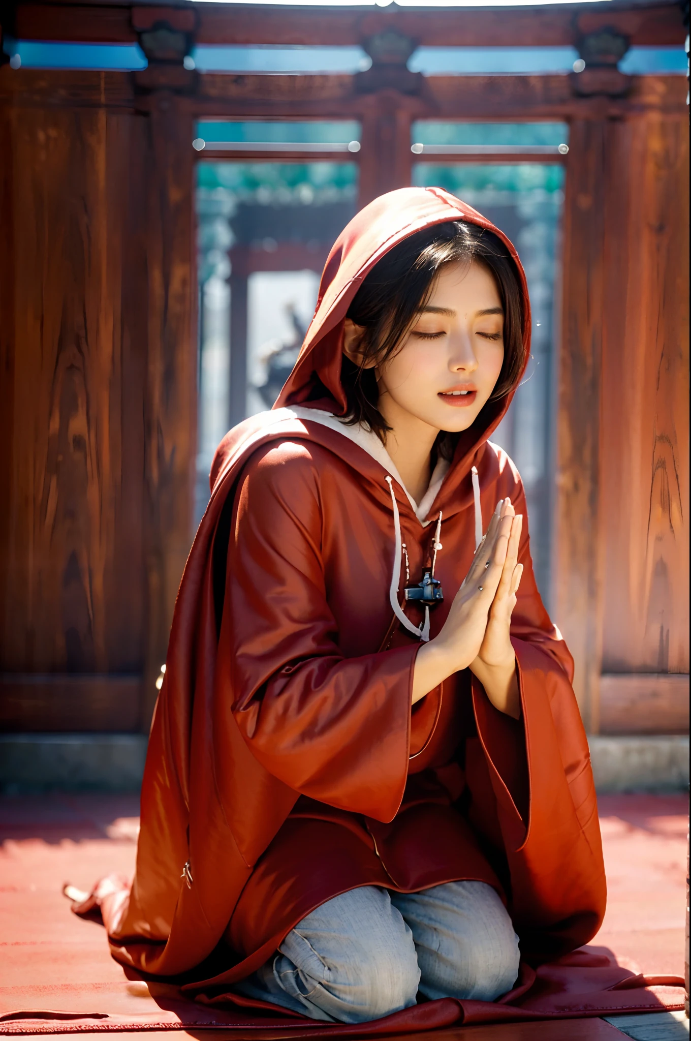 (Small underboob,Tomboyish,small heads)), (perfect bodies: 1.1), (shoulder length straight short black hair: 1.1),极其细致的CG 8k壁纸），（Extremely refined and beautiful），（masterpiece），（best qualtiy：1.0），（超高分辨率：1.0）,upper body，[A high resolution],a beautiful girl,cheerfulness，smile,(Smooth and flawless fair skin:1.5),(shiny skin:1.5),ultra - detailed ，Elongated legs,collar,Slim,thin,(Maxi red hooded monk cloak:1.5),(Temple Hall background:1.4),(Close shot:1.3),midday sunlight,(upright kneeling:1.5),(close eyes:1.3),(female orgasmic:1.3), (blush:1.3),(devoutly meditating:1.5),from front,(cowboy shot:1.5),portrait