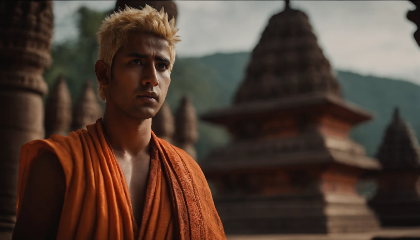 Naruto in Indian dhoti kurta, in Shiva temple, holding a trishul.