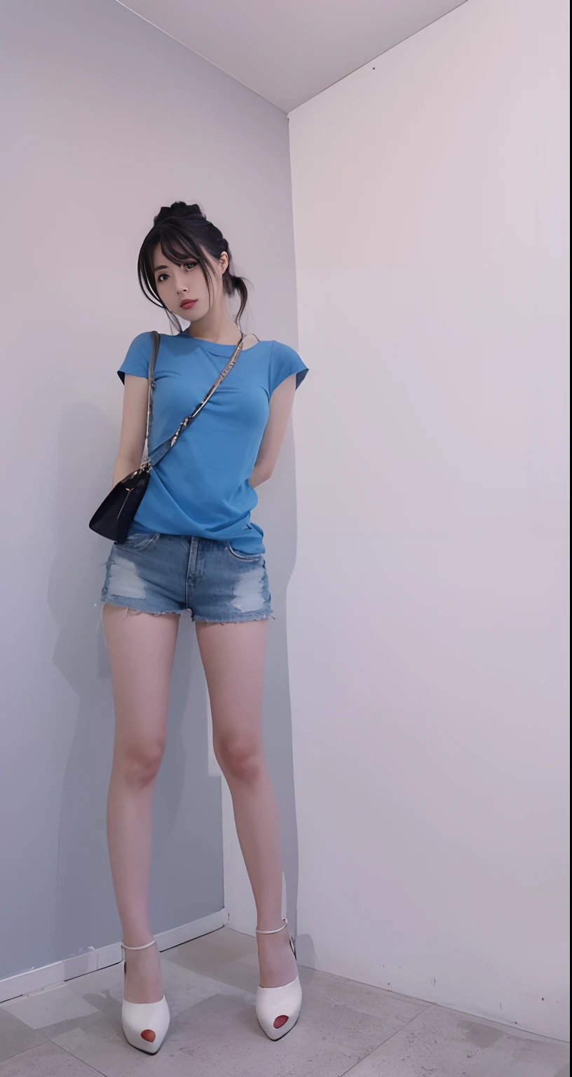 A Japanese Lady、beauitful face、二重まぶた、Big eyes、Long Black Hair、Micro shorts、beauty legs、Raw feet、pin heels、tall、super long legs、model poses、Sexy legs、