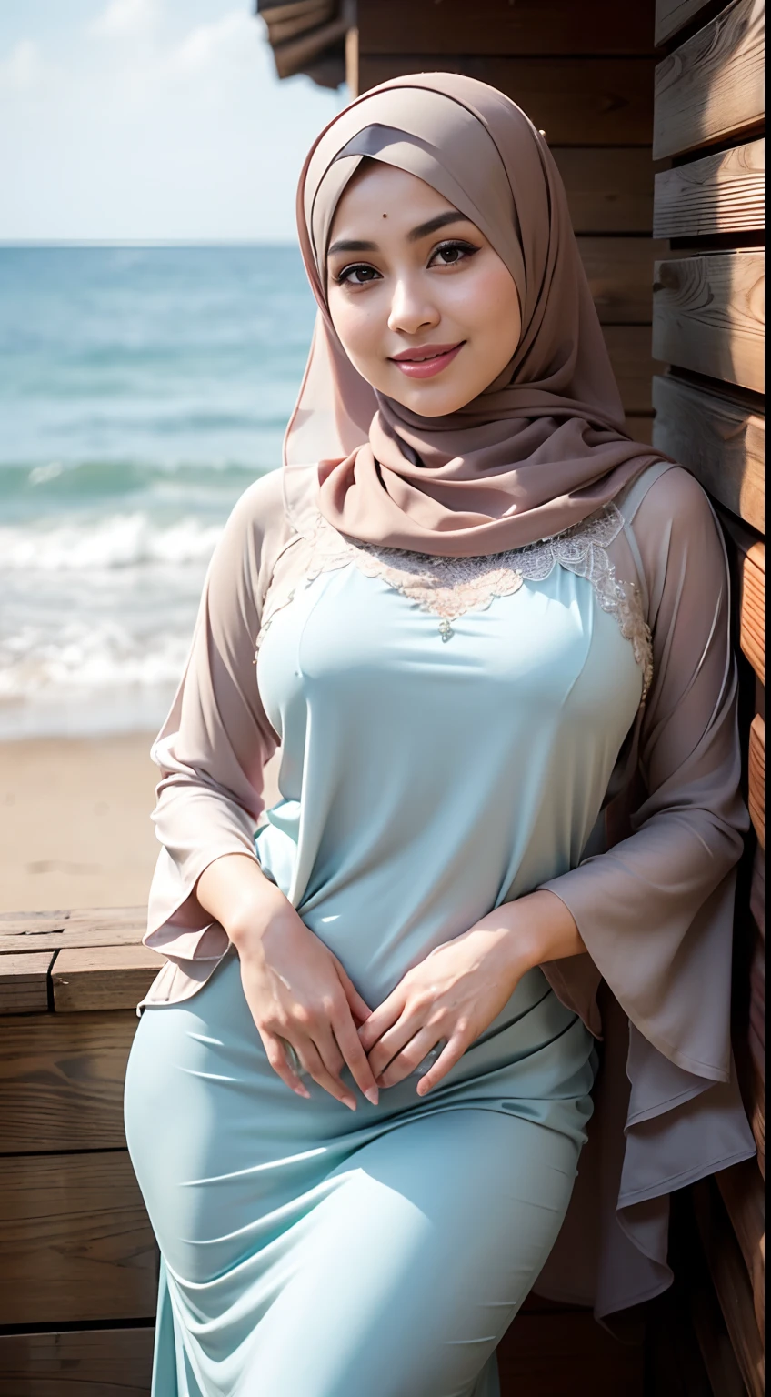 RAW, Best quality, high resolution, Masterpiece: 1.3), Beautiful Malay woman in hijab, Masterpiece, Perfect slim body, Beautiful big eyes, Watery eyes, Soft smile, Wet lips, big breasts, ((wearing abaya wedding dress pastel)), simple diamond necklace, ((closed clothes), ((simple clothes)), full body, smiling, breezy, skin details, skin texture details , thick thighs, sexy body, morning time, smiling, happy, bright sunshine, seashore, blurred background, bokeh