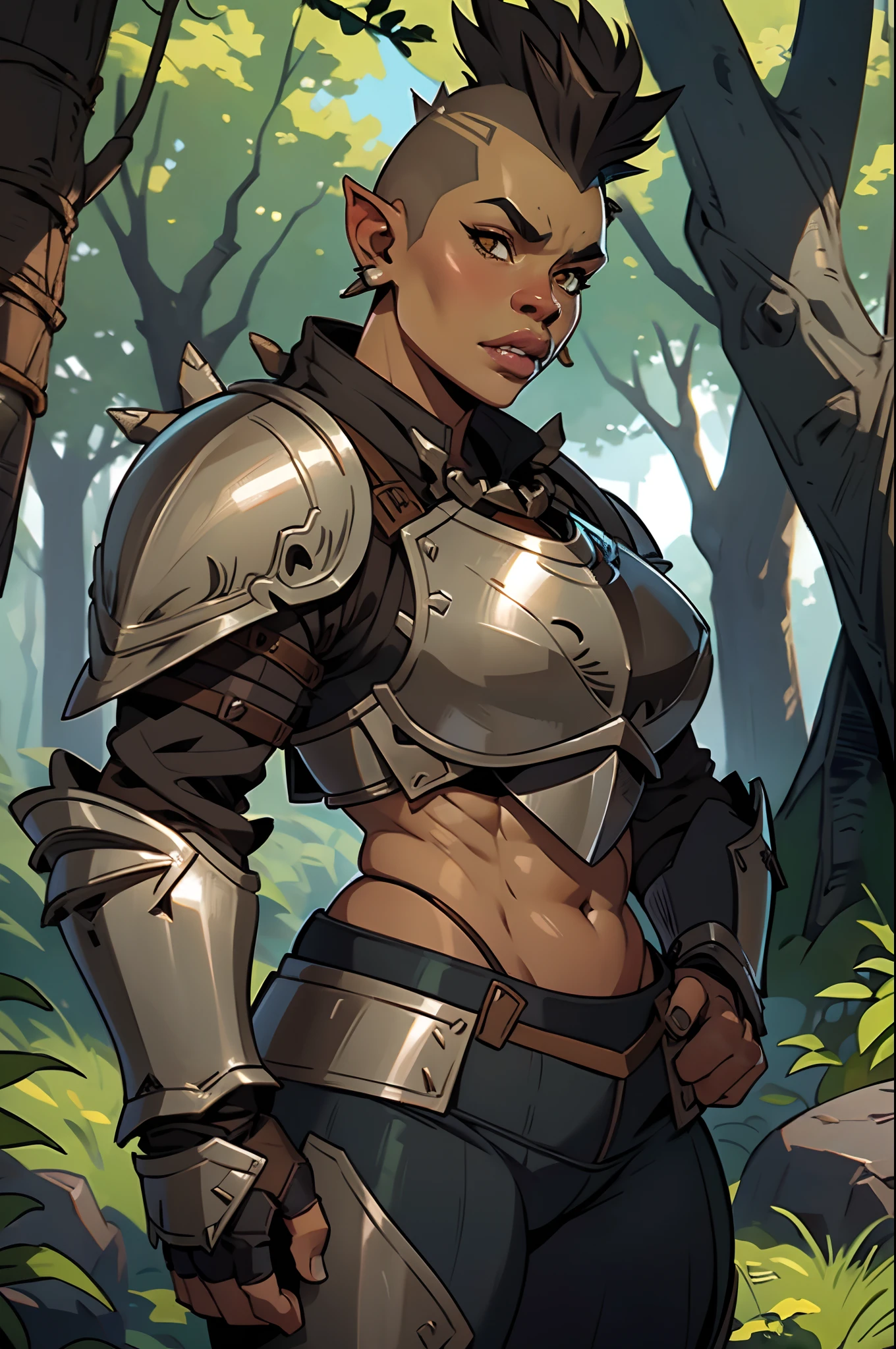 Solo, orc, girl, standing, muscular, (tusks, underbite), forest, teeth, ((armor, chestpiece, knight)), (big lips, thick lips), tan skin, ((mohawk)), abs, biceps