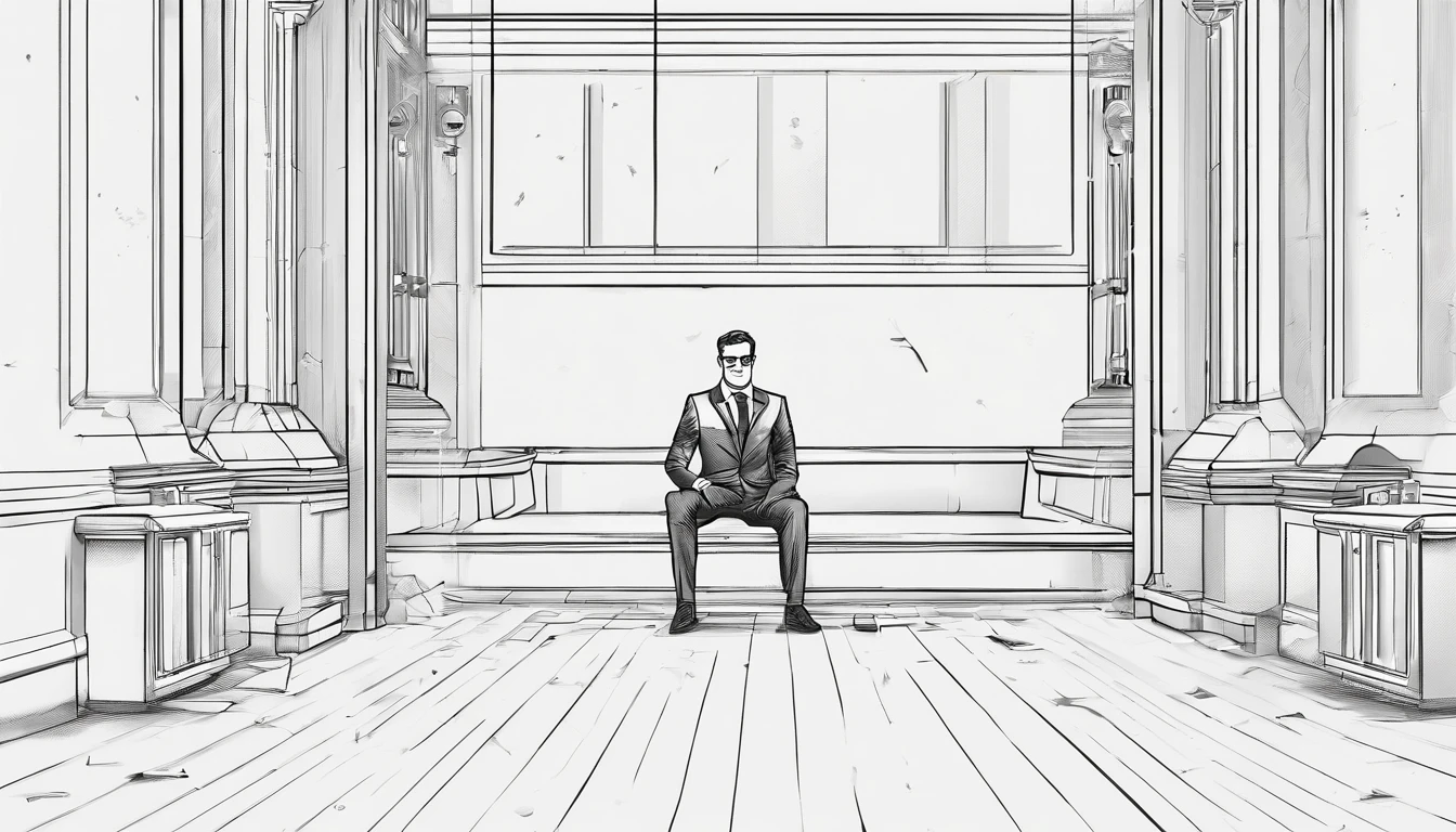 "A man is sitting on the somewhat dirty floor of a small public restroom aisle. He is wearing a suit and leather shoes, holding a book, and there is a briefcase beside him. The environment should reflect a public restroom setting."