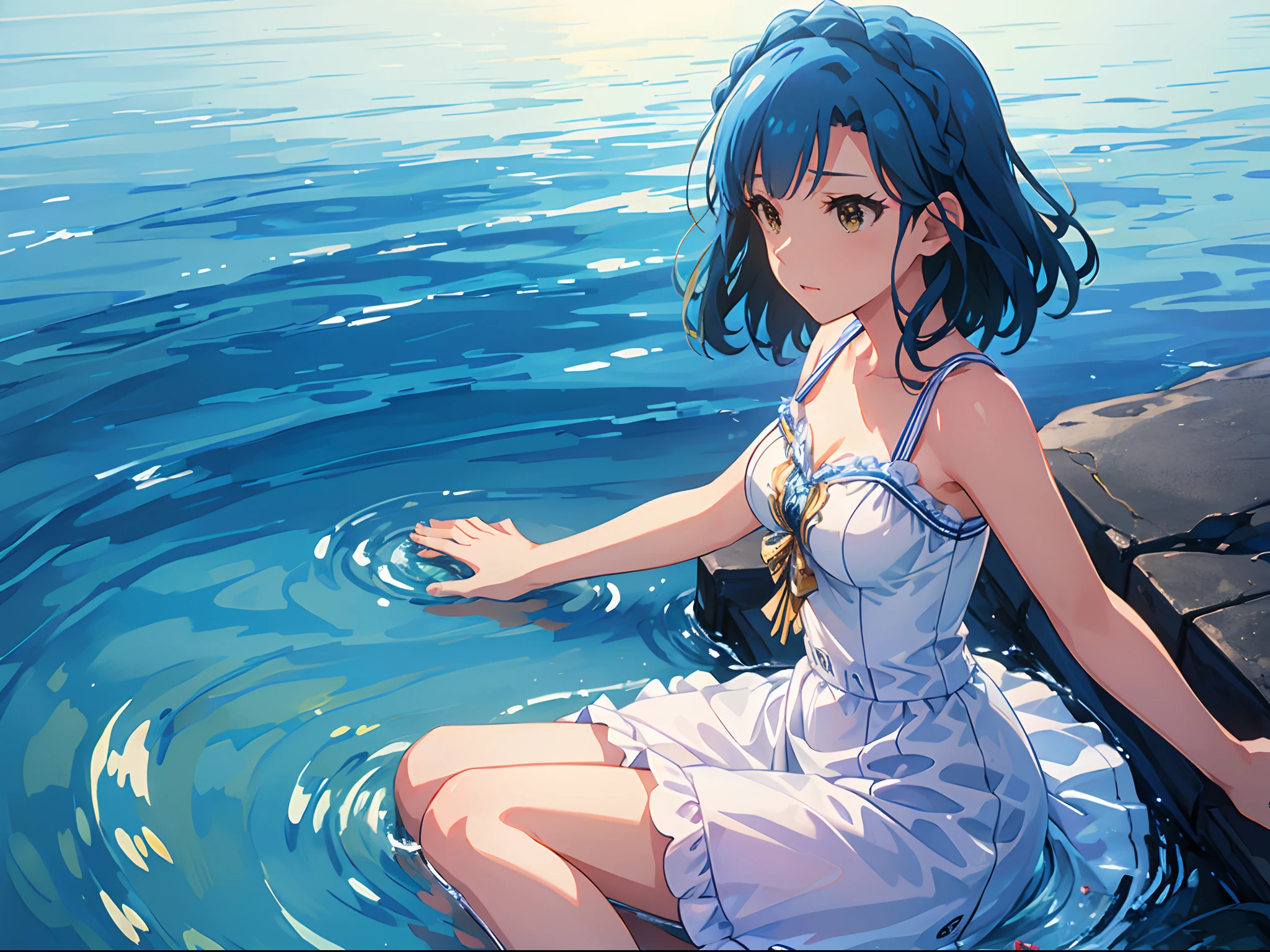 yuriko nanao (million live), masterpiece, best quality, 8k, high resolution, ((from side)), sinking into the water, on back, white dress, white sun dress,