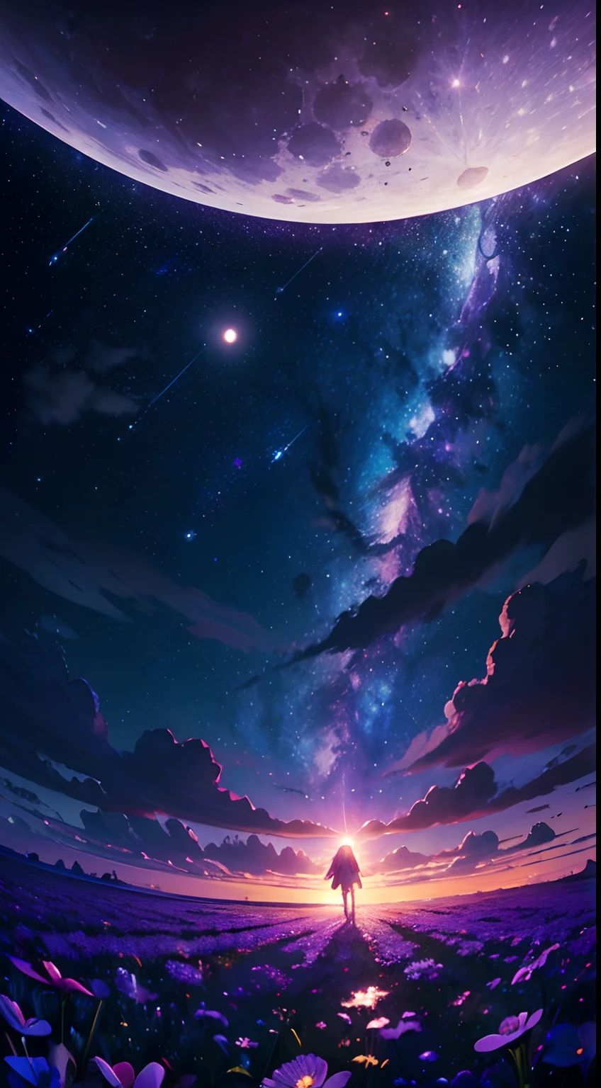 (masterpiece), best quality, a beautiful flower field at night, gorgeous sky with stars and constelations, volumetric clouds, beautiful clouds, (full moon), a magical atmosphere, is a dream like image, expansive landscape photograph, the field has flowers of different colors, there is a calm and peaceful feeling, a gentle breeze, the scenary has a magical glow, fireflys, the beauty on small details, nature beauty,a astronomical photo, contemplation of the nature, bright moon,
BREAK nebula, milkway, cosmic sky, starry sky, fish eye lens, dynamic angle, (dynamic composition:1.4), professional image,production art, intricate, mesmerizing, gorgeous,breath taking,amazing, magical, volumetrical light,  [purple]