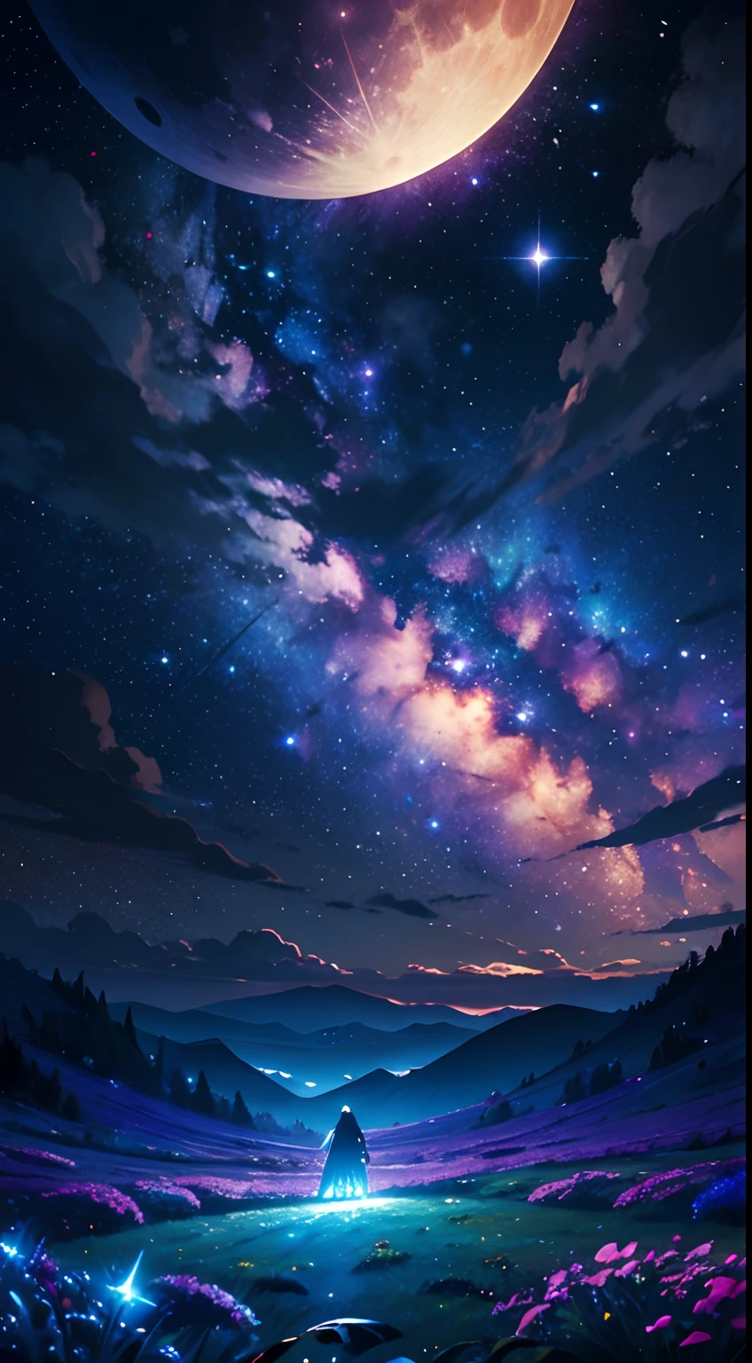 (masterpiece), best quality, a beautiful flower field at night, gorgeous sky with stars and constelations, volumetric clouds, beautiful clouds, (full moon), a magical atmosphere, is a dream like image, expansive landscape photograph, the field has flowers of different colors, there is a calm and peaceful feeling, a gentle breeze, the scenary has a magical glow, fireflys, the beauty on small details, nature beauty,a astronomical photo, contemplation of the nature, bright moon,
BREAK nebula, milkway, cosmic sky, starry sky, fish eye lens, dynamic angle, (dynamic composition:1.4), professional image,production art, intricate, mesmerizing, gorgeous,breath taking,amazing, magical, volumetrical light,  [purple]