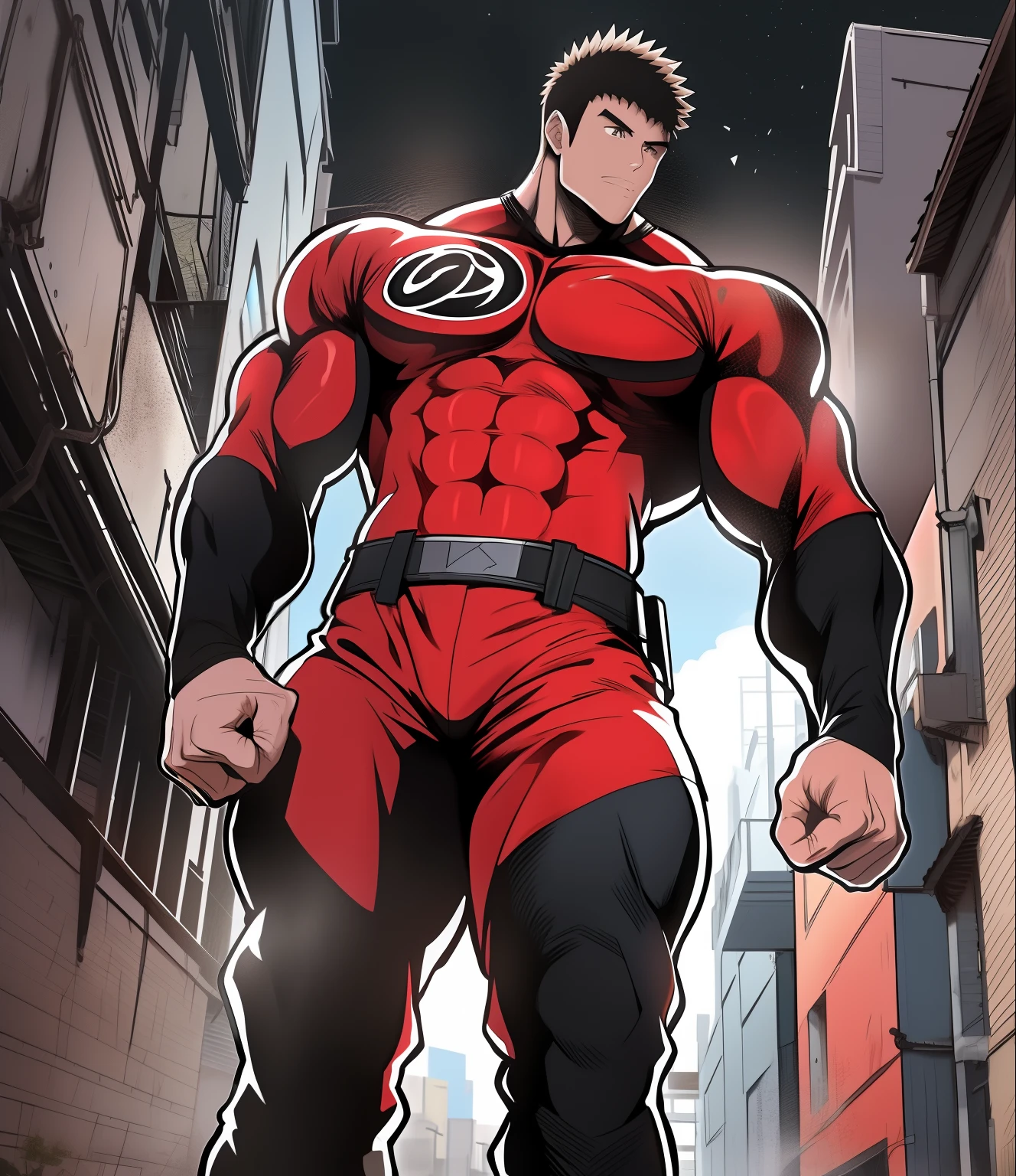 Estilo de arte anime, Imagen de cuerpo completo, The angle of the image should be frontal and full-length (((Frente.))) Extremely muscular and tall character, with bodywork, El personaje tiene el pelo muy corto con flequillo rojo oscuro, Tiene ojos naranjas, Wear a long-sleeved latex shirt, He wears a belt and black pants, y con una zapatilla blanca. El personaje debe estar en una ciudad llena de edificios a su alrededor. El personaje es fuerte y decidido, y tiene mucha masa. muscular!!!!!