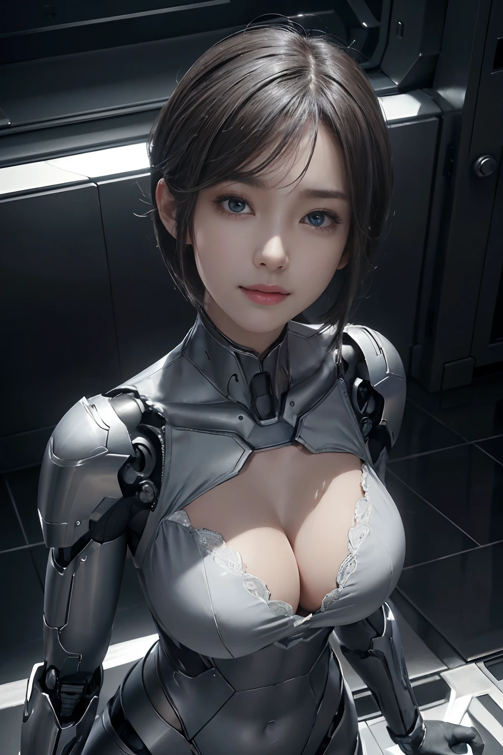 (A hyper-realistic)、(超A high resolution)、(8K)、(Fort Realstick)、(beautifully detailed eyes)、radiant eyes、(top-quality)、(ultra-detailliert)、(masterpiece)、(Exposing breasts)、metals、highly intricate detail、(详细的脸)、独奏、女の子 1 人、Viewer's Perspective、详细的脸、deep-shadows、lowkey、pureerosfaceace_v1、A smile、Colossal tits、(Cyborg super beautiful soldier standing on the battlefield)、super realistic details、Shorthair、(Hair color is gray)、big breasts thin waist、Ultra-fine makeup、