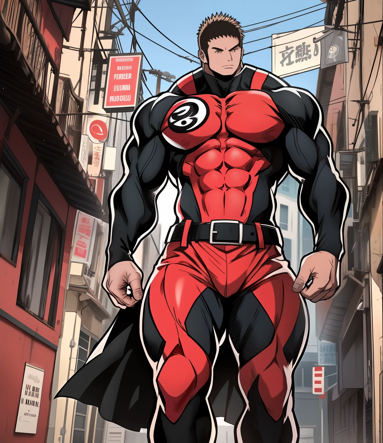 Estilo de arte anime, Imagen de cuerpo completo, The angle of the image should be frontal and full-length (((Frente.))) Extremely muscular and tall character, with bodywork, El personaje tiene el pelo muy corto con flequillo rojo oscuro, Tiene ojos naranjas, Wear a long-sleeved latex shirt, He wears a belt and black pants, y con una zapatilla blanca. El personaje debe estar en una ciudad llena de edificios a su alrededor. El personaje es fuerte y decidido, y tiene mucha masa. muscular!!!!!