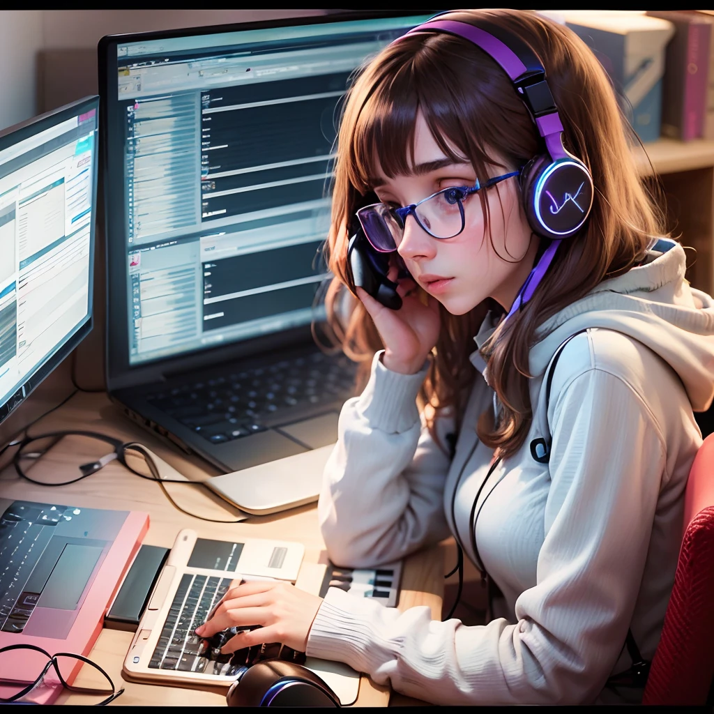a british girl is coding on a computer, using headphones, wearing glasses, image size 9:16 --auto --s2