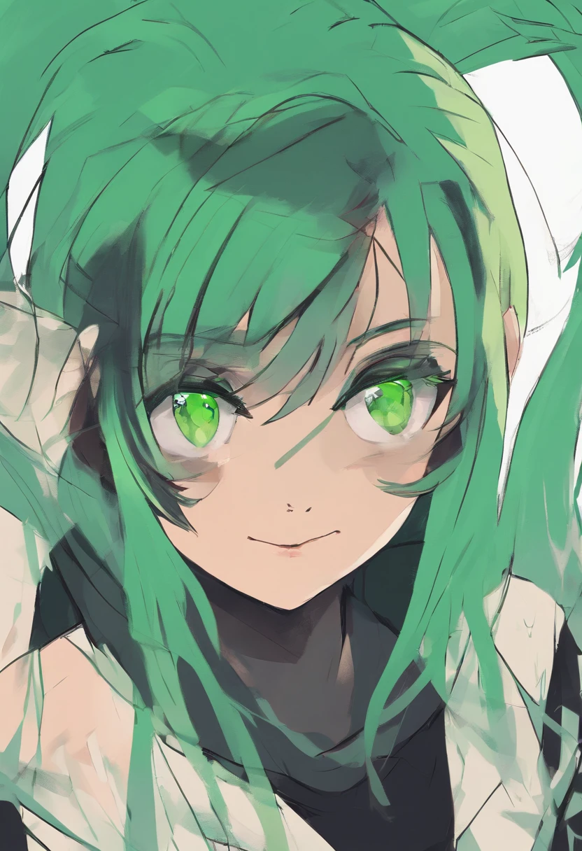 teenage girl, green hair, straight hair, bangs, shaved on one side, long green hair, green eyes, black shirt, big evil smile, 2d, cartoon style