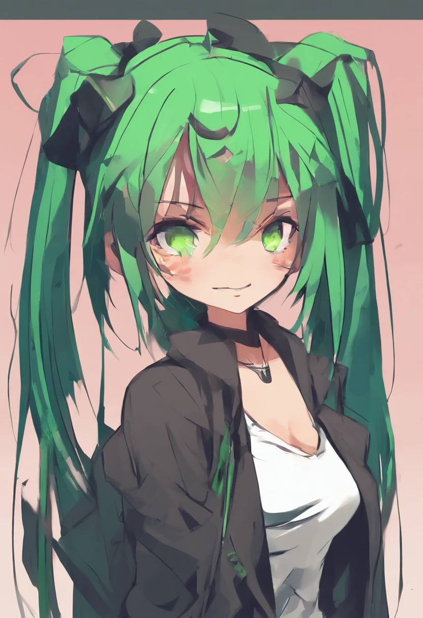 teenage girl, green hair, straight hair, bangs, shaved on one side, long green hair, green eyes, black shirt, big evil smile, 2d, cartoon style