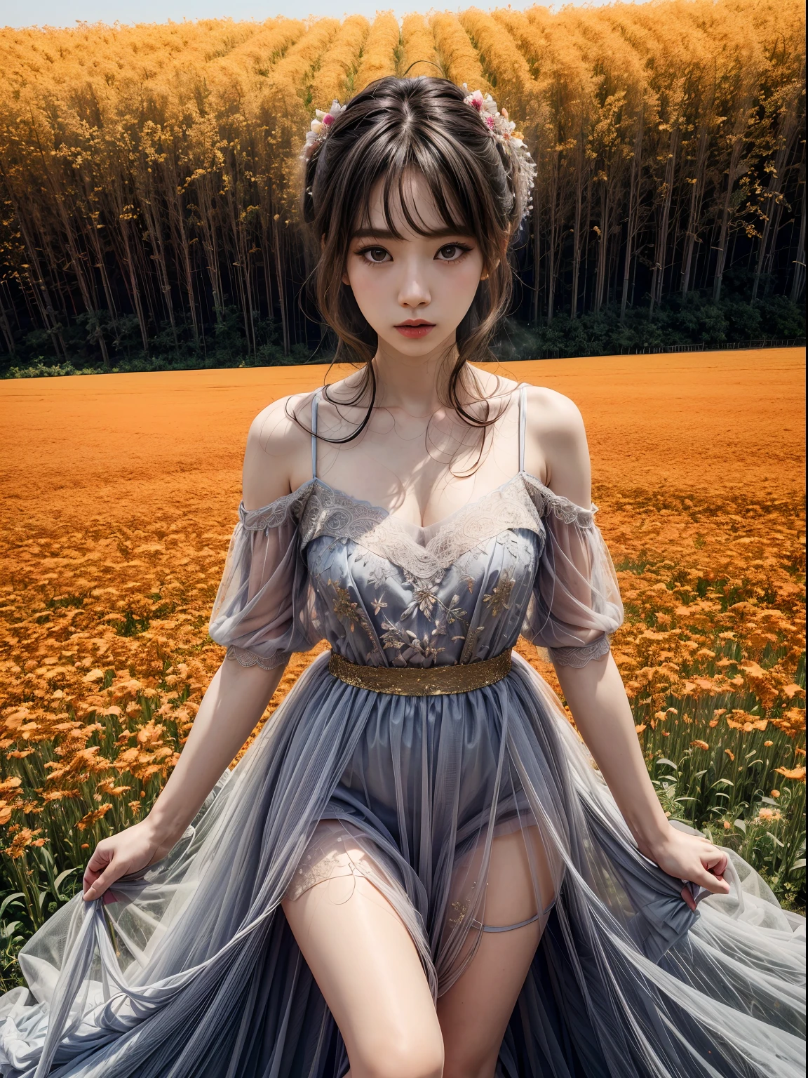 (1 beautiful girl dressed in a lace tulle dress practicing various dance poses in a flower field: 1.2), Infrared photography, Graphic design, poster for, fine art, vivd colour, 1.4x realism，hyper HD，Textured skin，(anatomy correct，Accurate and perfect Korean female face，Golden ratio), tianfeng1