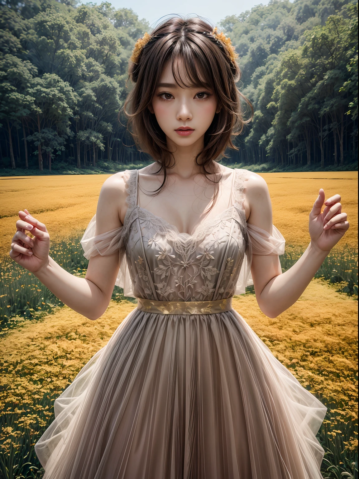 (1 beautiful girl dressed in a lace tulle dress practicing various dance poses in a flower field: 1.2), Infrared photography, Graphic design, poster for, fine art, vivd colour, 1.4x realism，hyper HD，Textured skin，(anatomy correct，Accurate and perfect Korean female face，Golden ratio), tianfeng1