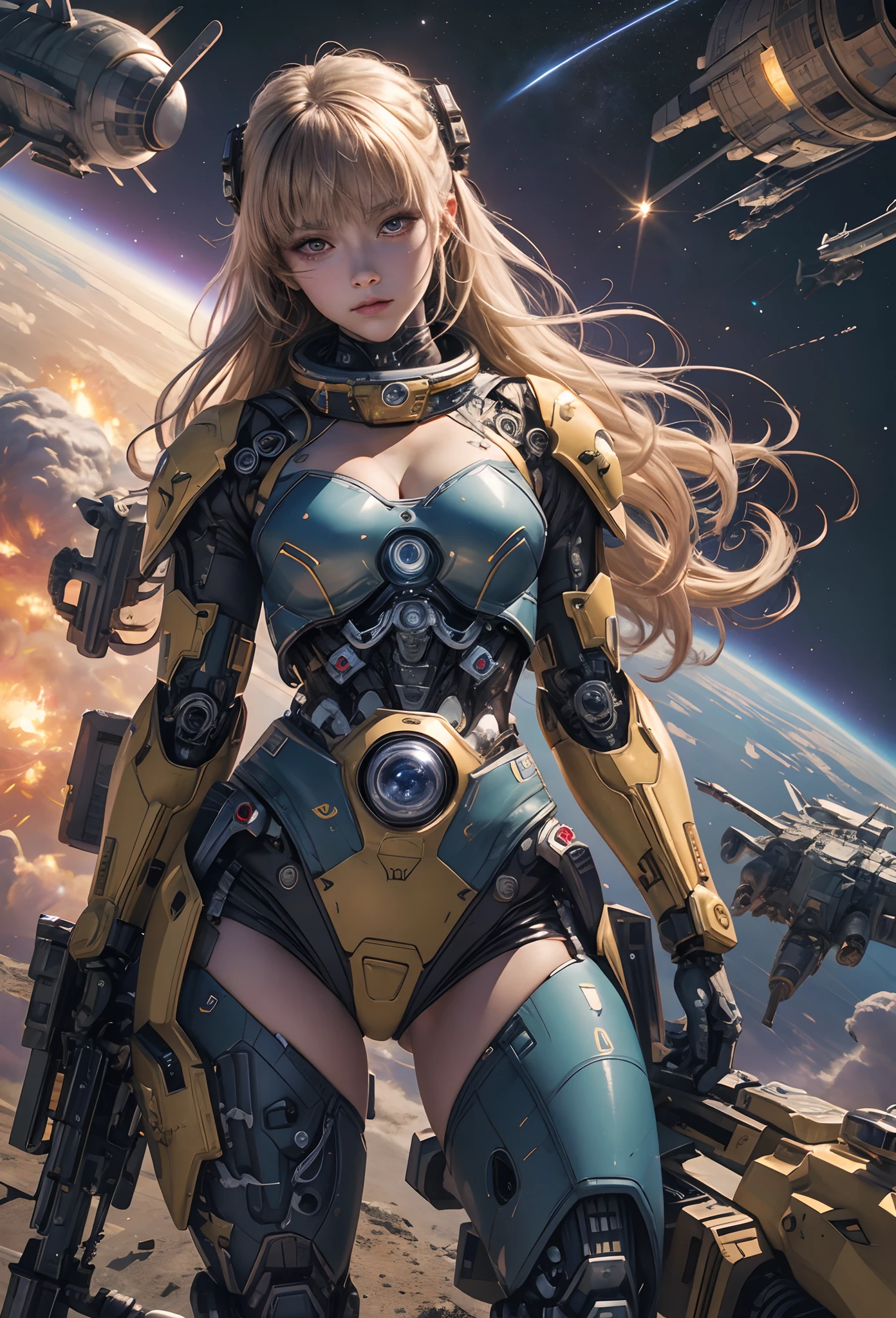 (Detailed illustrations,Very detailed and detailed drawing,Delicate lines with slow and rapid,Realistic texture expression),[Color tressed main line],(Space Battlefield [Space Mobile Fortress]),[独奏],HENTAI (((ANIME) BIONICGirl) Beauty  ((well-muscled) [plump])) (Astronauts Cyborg) [Space Marine Corps Military [MASCHINEBODY]],Bullet Belt Javelin [[Firearms, Machine Guns, Bazookas] Saber Rifle ][[Rocket Pack]],Zero Gravity Front,gravure [[White Devil] [Outer space combat]] Battle Damage,[retro-futuristic],(Intricate and beautiful decoration [Dense detail]),(Fine and beautiful skin expression [Transparency]),[Perfect eye details (Iris beautifully drawn in every detail)[Jewel-like eyes]],[long and beautiful eyelashes],[Meticulously drawn hair [More on beautiful and shiny hair]],(Perfect hand details [Beautiful fingers without breakdowns [Beautiful nails]]),(Perfect Anatomy (Perfectly proportioned)) [[Full body like]],[[Design built to the highest level]][Ideal color coordination(Accurate simulation of light-material interactions)],(HighQuality,[Precision Detail] hight resolution,(detaileds,high-detail)),[Visual art that conveys a sense of narrative].