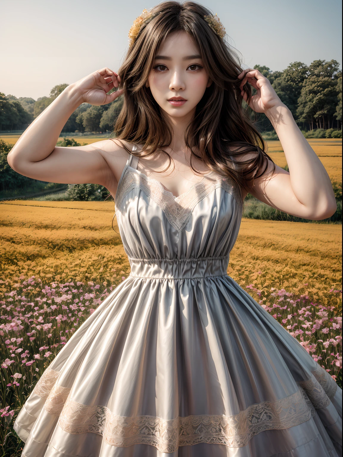(1 beautiful girl dressed in a lace tulle dress practicing various dance poses in a flower field: 1.2), Infrared photography, Graphic design, poster for, fine art, vivd colour, 1.4x realism,hyper HD,Textured skin,(anatomy correct,Accurate and perfect Korean female face,Golden ratio), tianfeng1