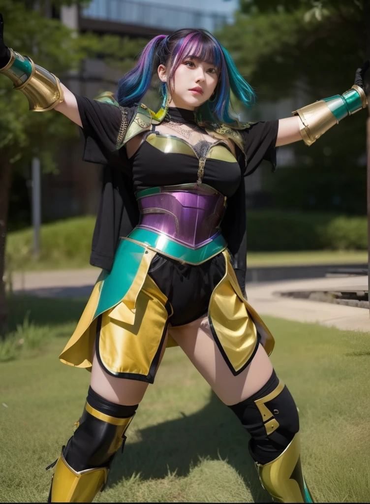 infp young woman、Good Style、Colorful hair、colorful fashion、Idol face、large full breasts、、Shorts、Leg armor、Shiny Green Armor