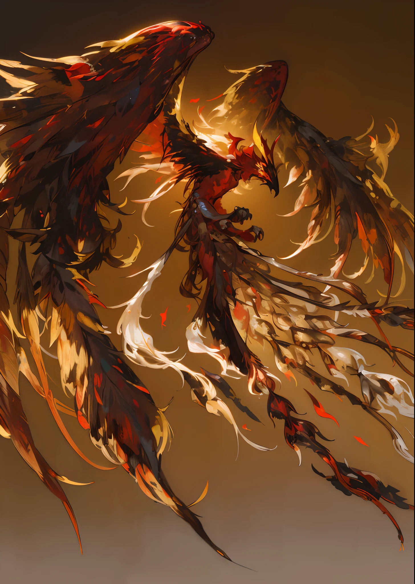fantastical creature,Red Phoenix,Red Feather Bird Wallpaper,Female phoenix,(//The main colors of this character are red and black:1.4//),hyper HD, retinas, Anatomically correct, Textured skin, Super detail, Best quality, A high resolution,Beautiful immortal bird,(Golden ratio:1.2),​master piece,[(Gray background:1.4)::10],high render,